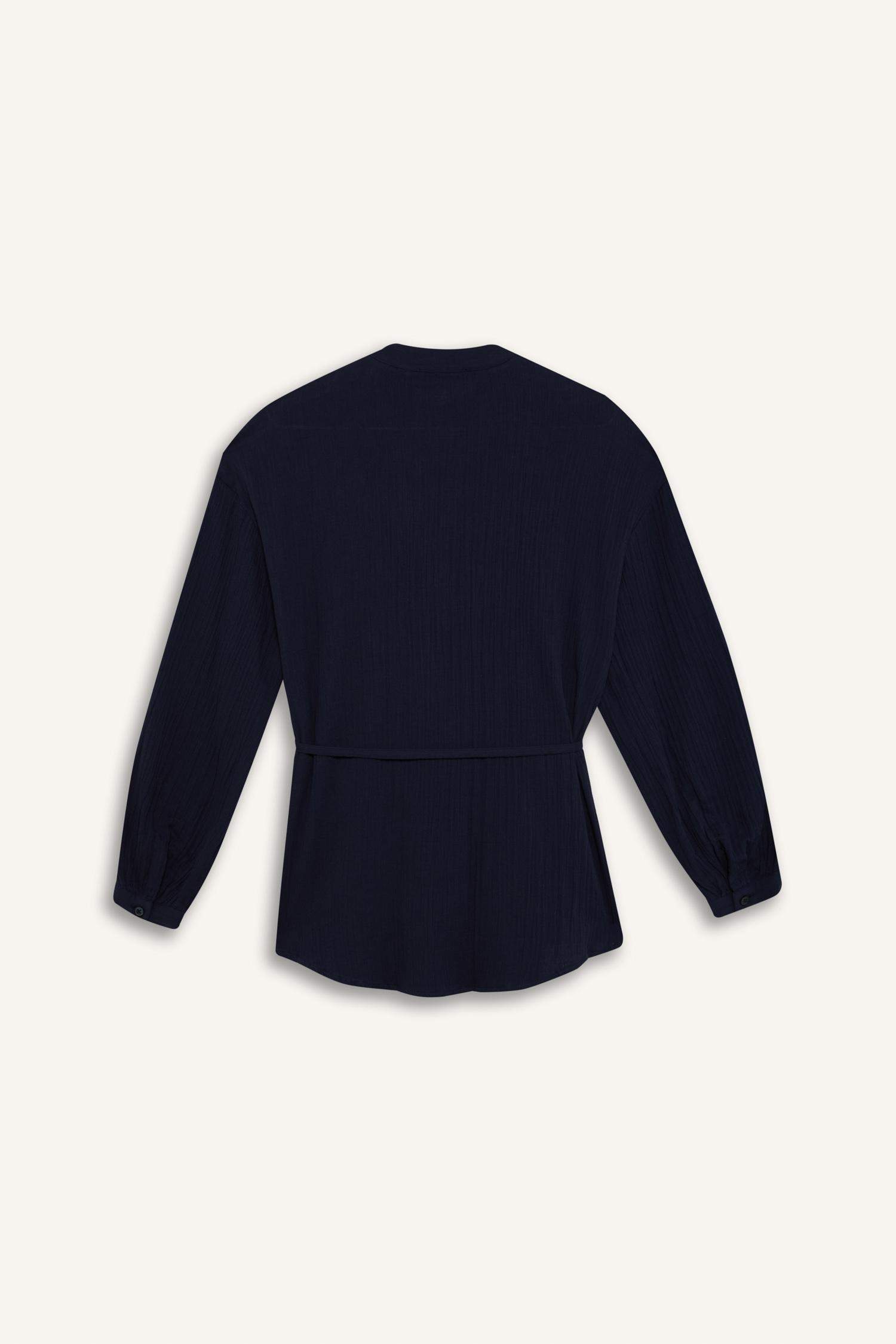 Relax Fit Basic Düz Bağcıklı Müslin Uzun Kollu Tesettür Gömlek Tunik