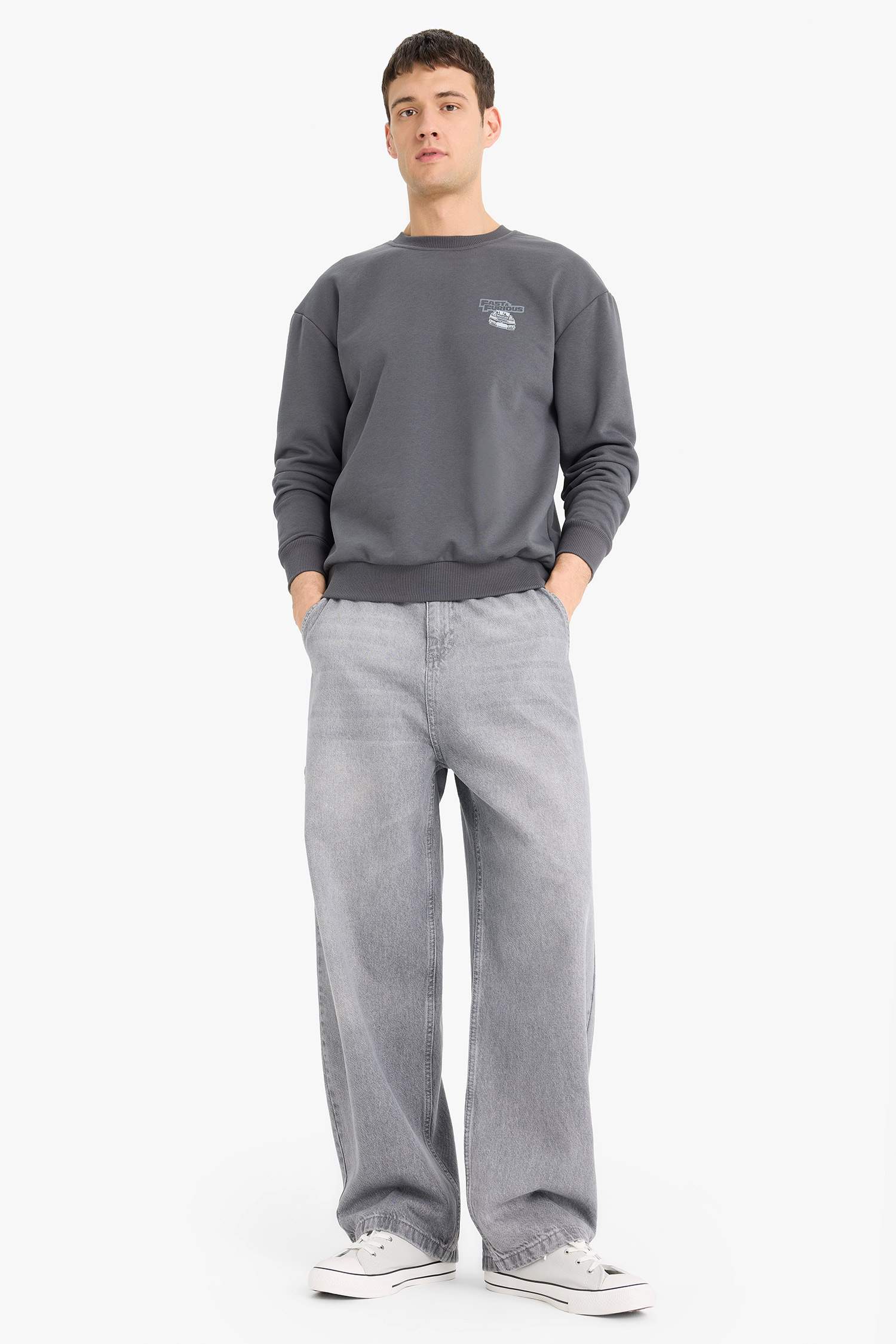 Fast & Furious Boxy Fit Bisiklet Yaka Sırt Baskılı Kalın Sweatshirt