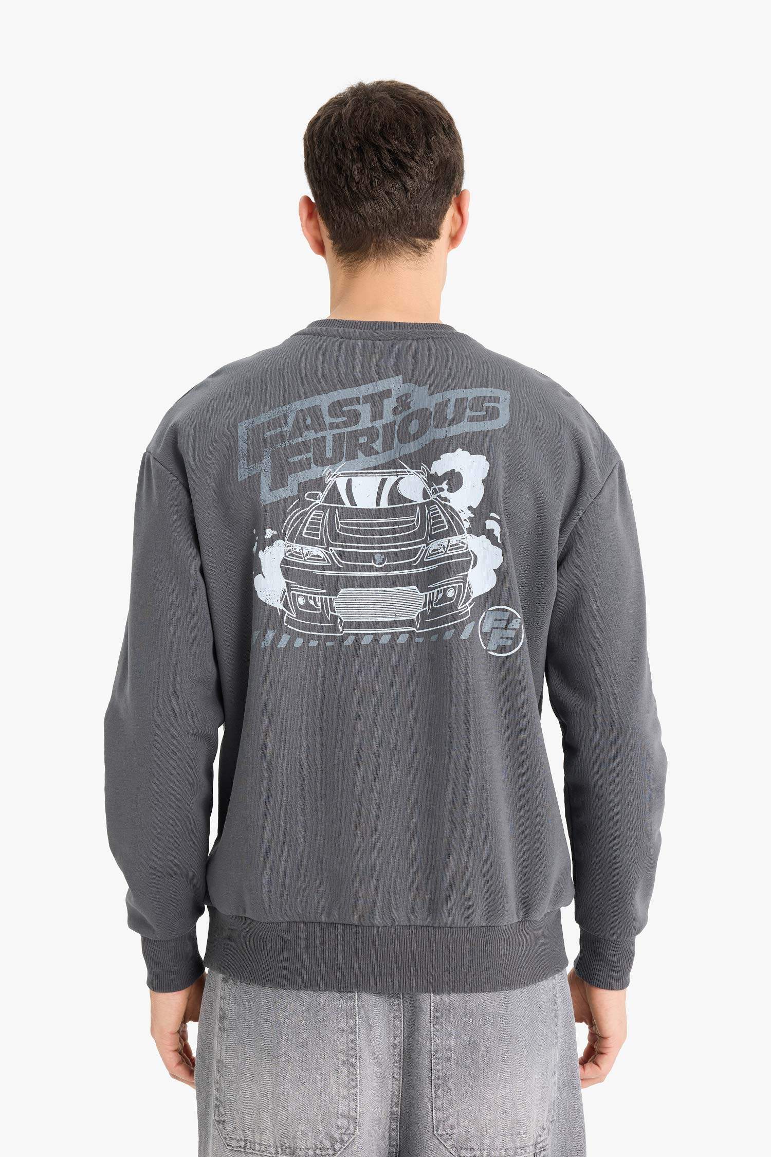 Fast & Furious Boxy Fit Bisiklet Yaka Sırt Baskılı Kalın Sweatshirt