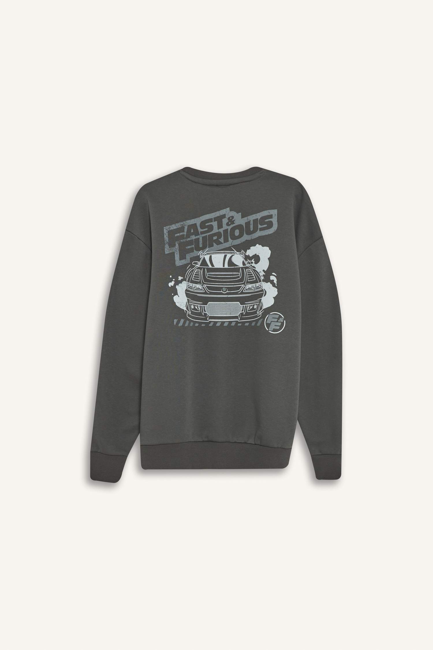 Fast & Furious Boxy Fit Bisiklet Yaka Sırt Baskılı Kalın Sweatshirt
