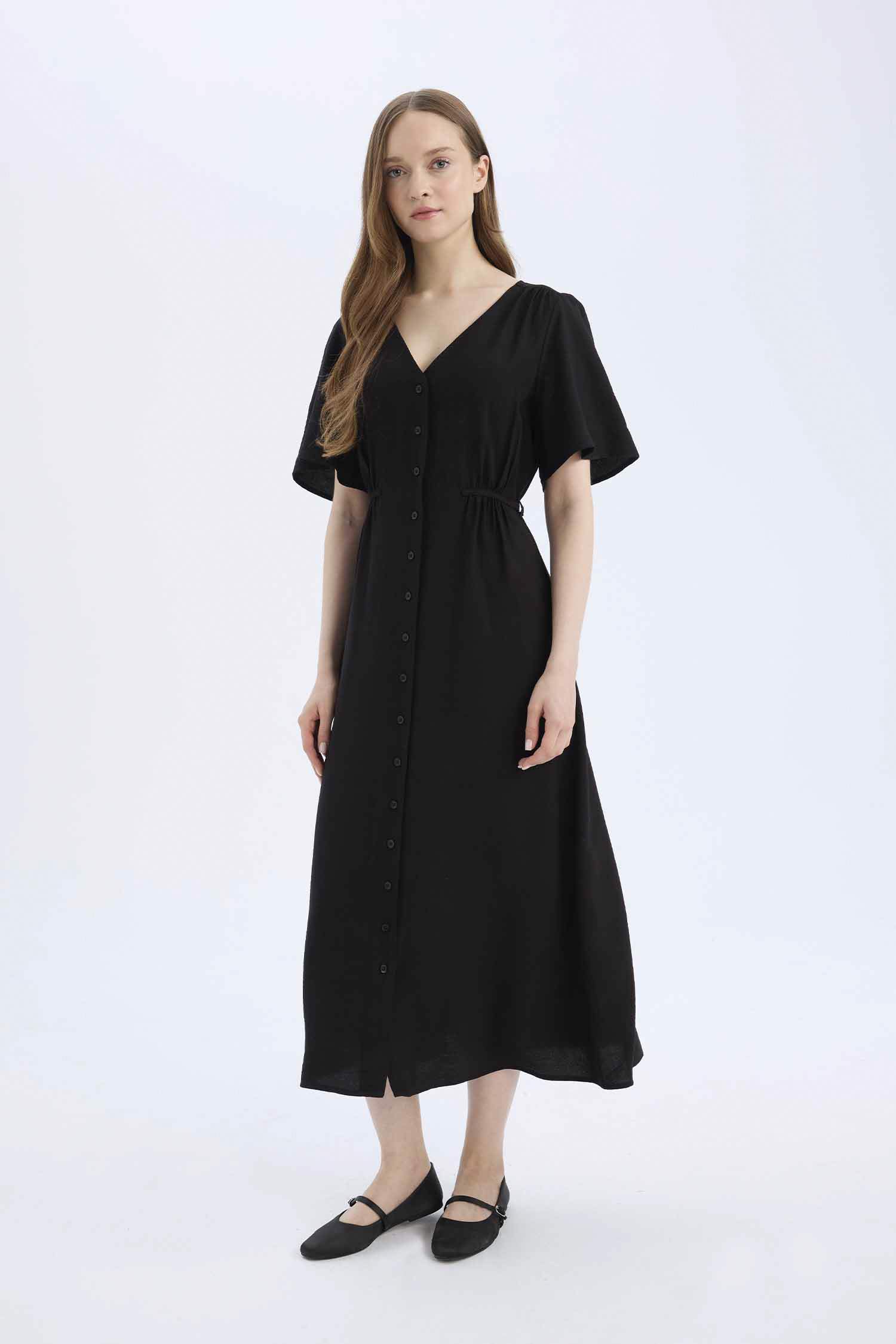 A Kesim V Yaka Kısa Kollu Midi Elbise