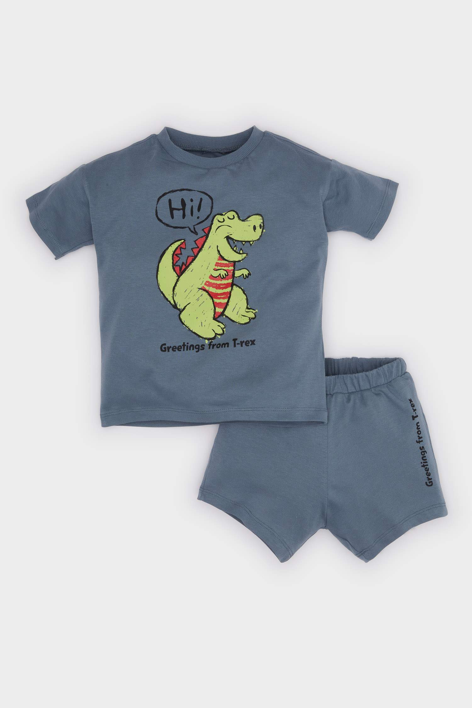 Erkek Bebek 2'li Takım Dinozor Baskılı Kısa Kollu Tişört Beli Lastikli Şort