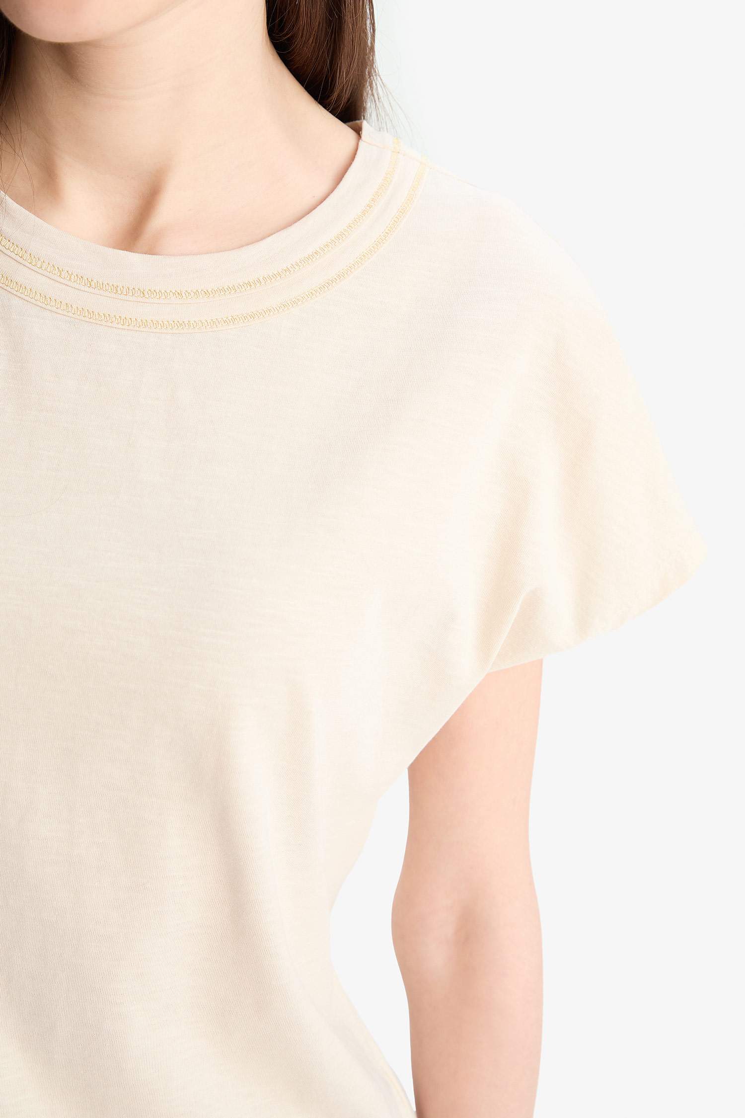 Bisiklet Yaka Basic Düz Flamlı Pamuk Kısa Kollu Tişört