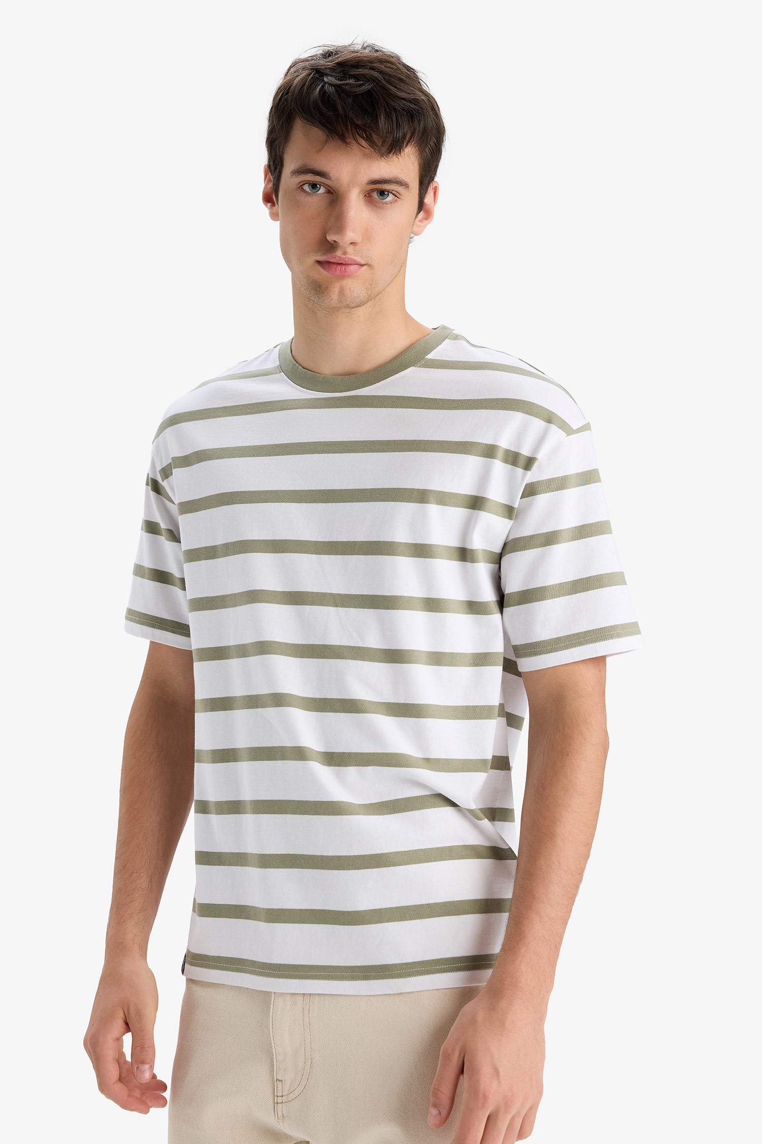 Cotton Boxy Fit Crew Neck Striped T-Shirt