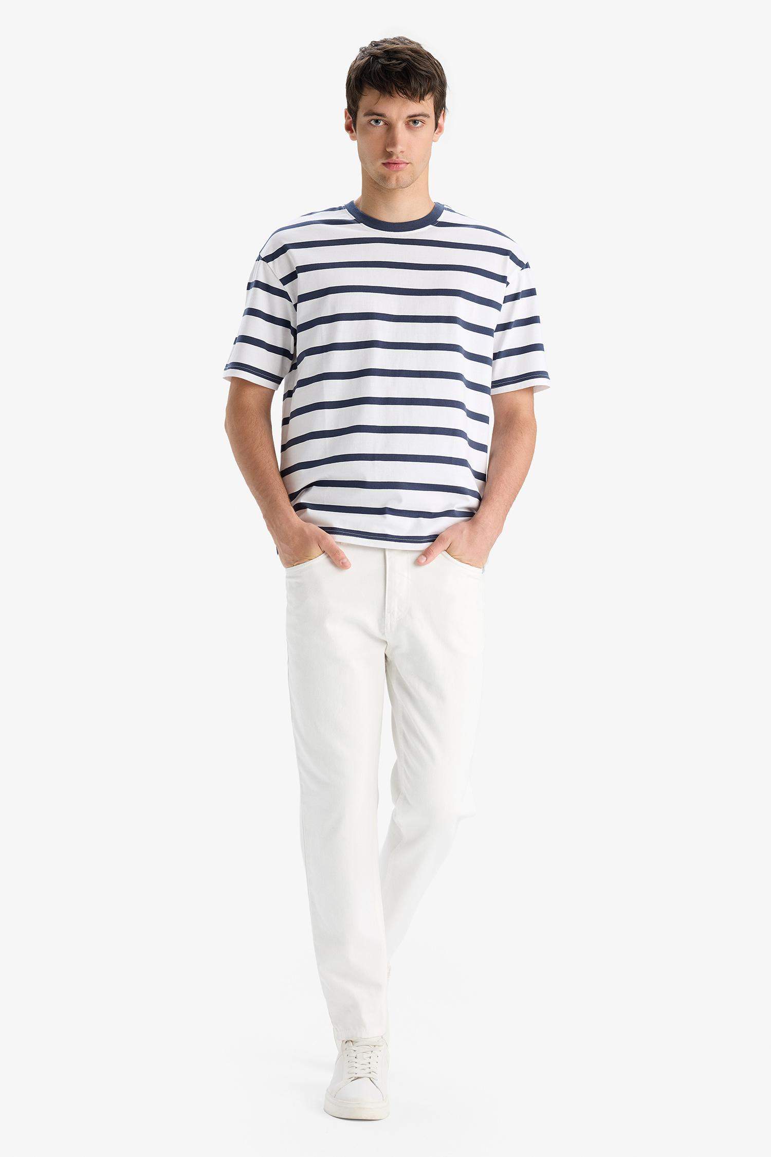 Cotton Boxy Fit Crew Neck Striped T-Shirt