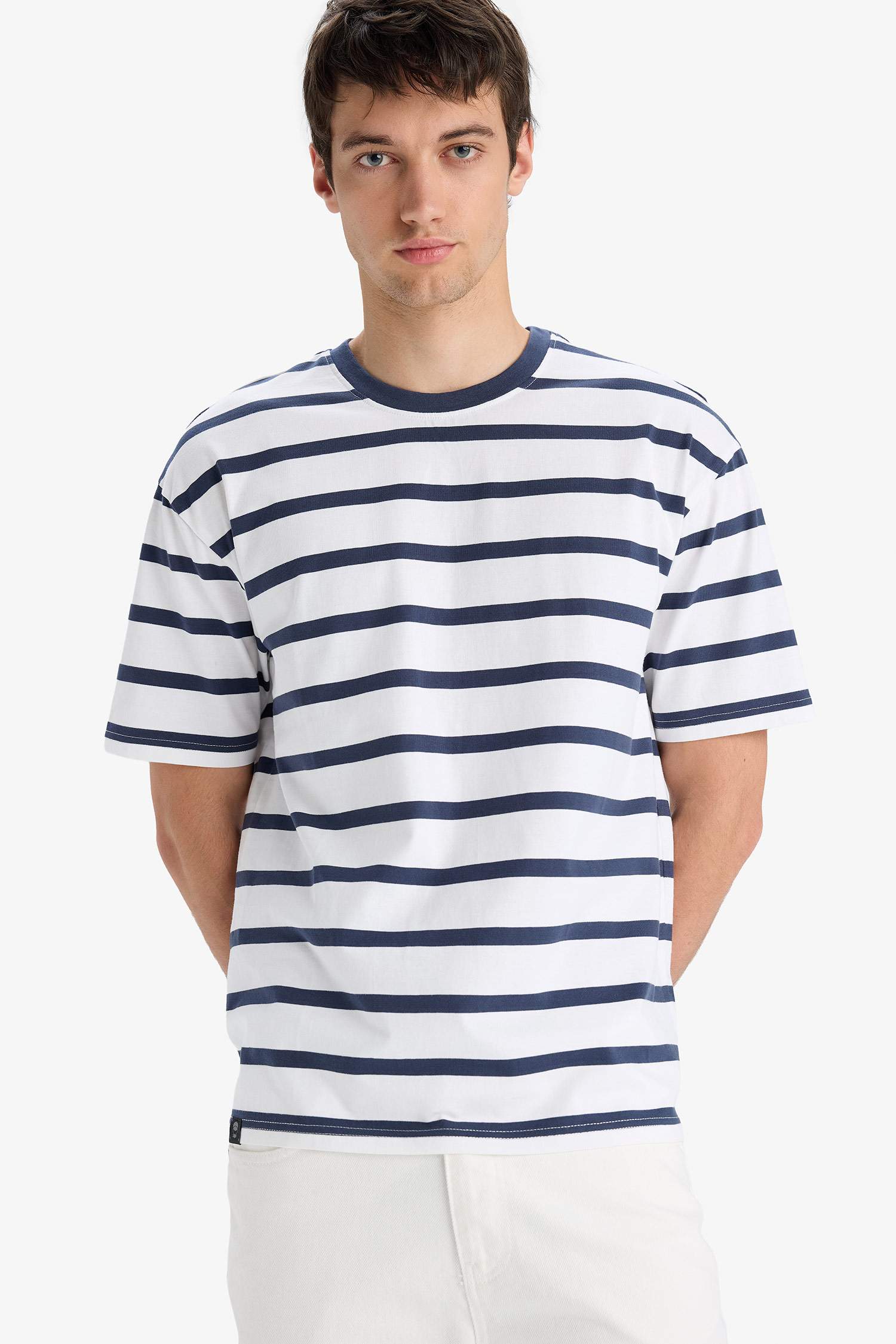 Cotton Boxy Fit Crew Neck Striped T-Shirt