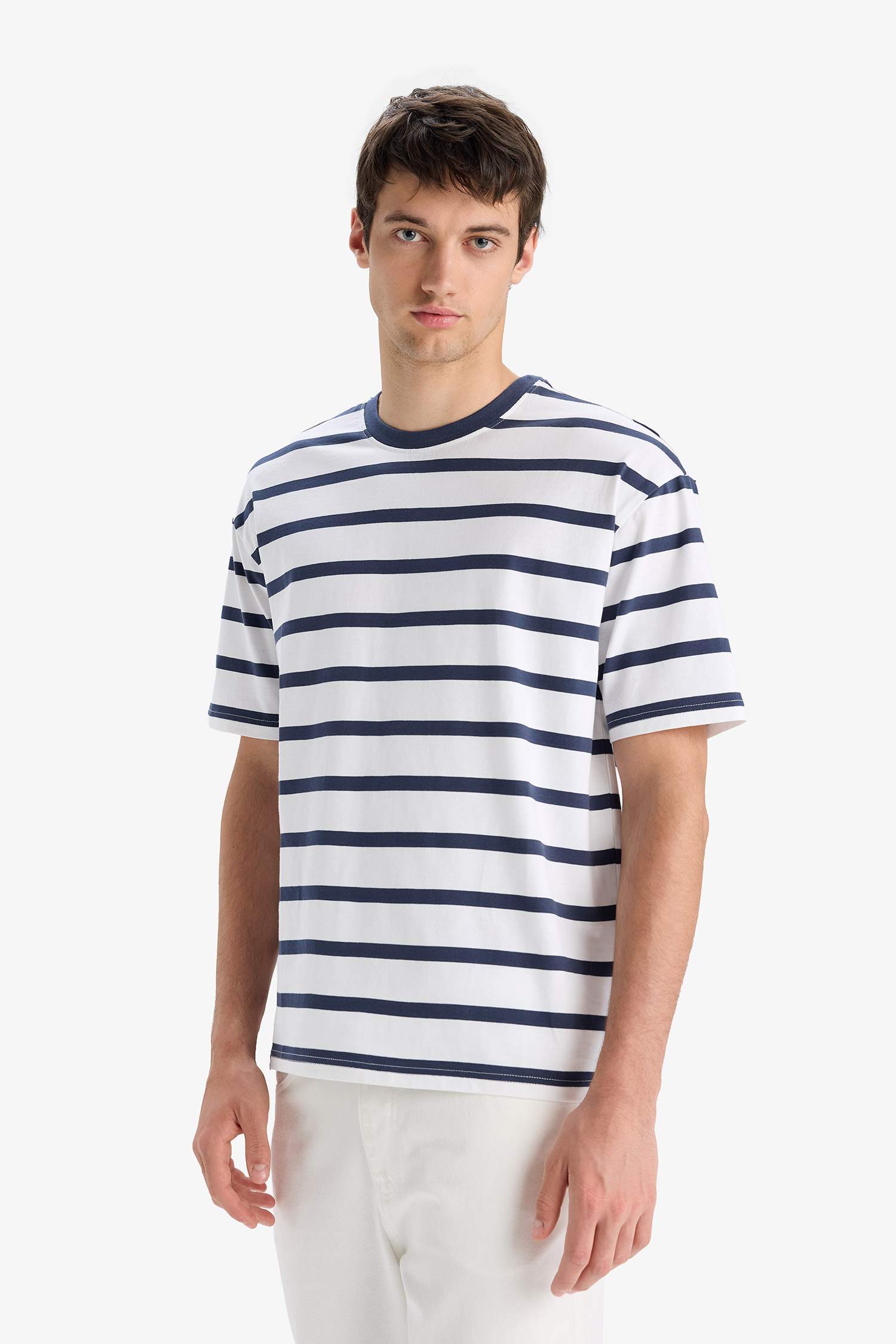 Cotton Boxy Fit Crew Neck Striped T-Shirt