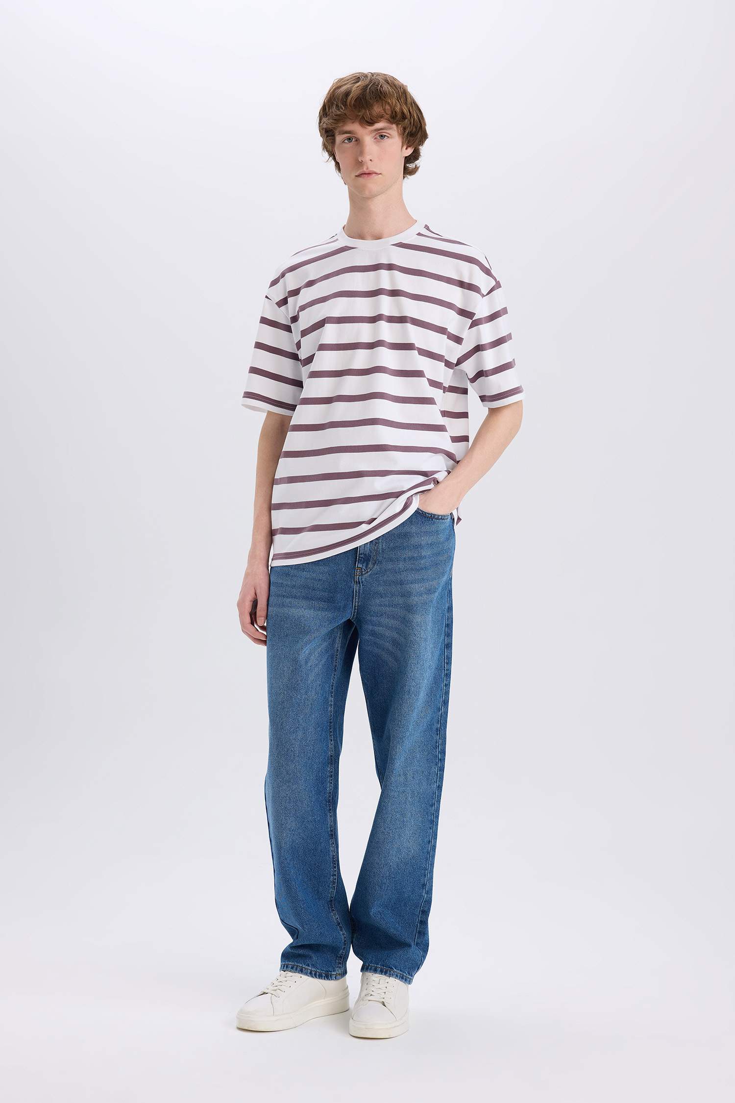 Cotton Boxy Fit Crew Neck Striped T-Shirt