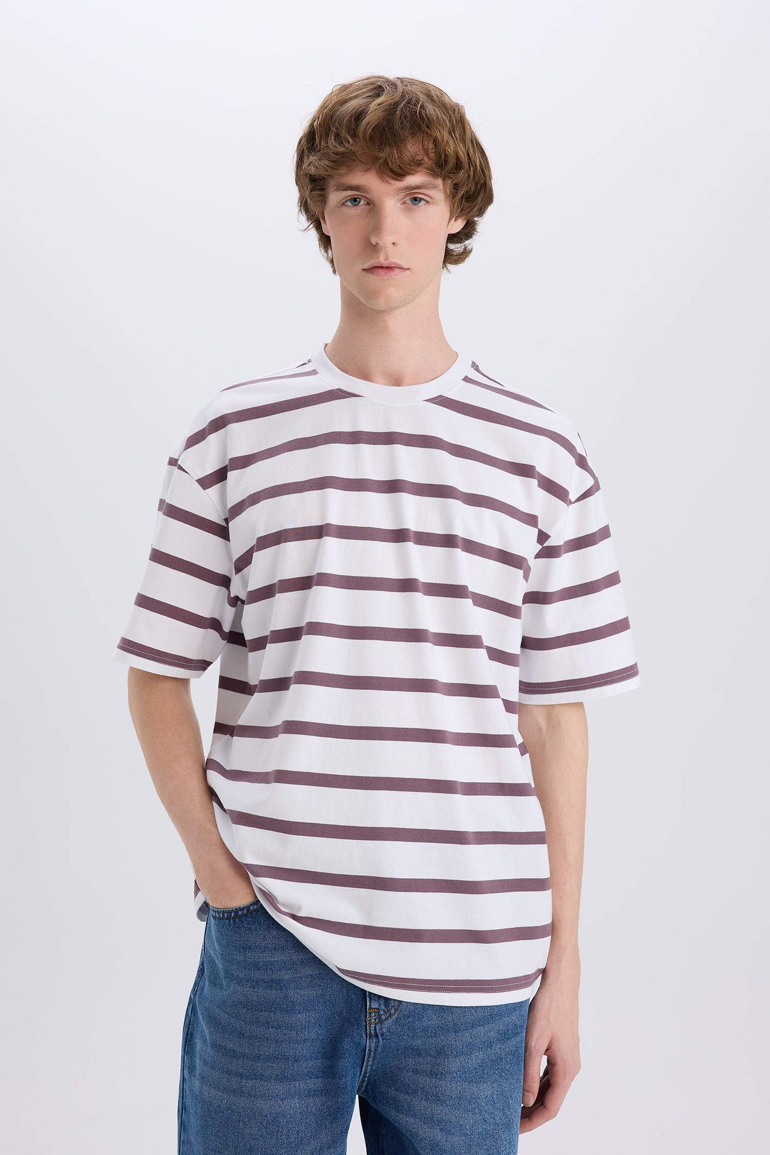 Cotton Boxy Fit Crew Neck Striped T-Shirt