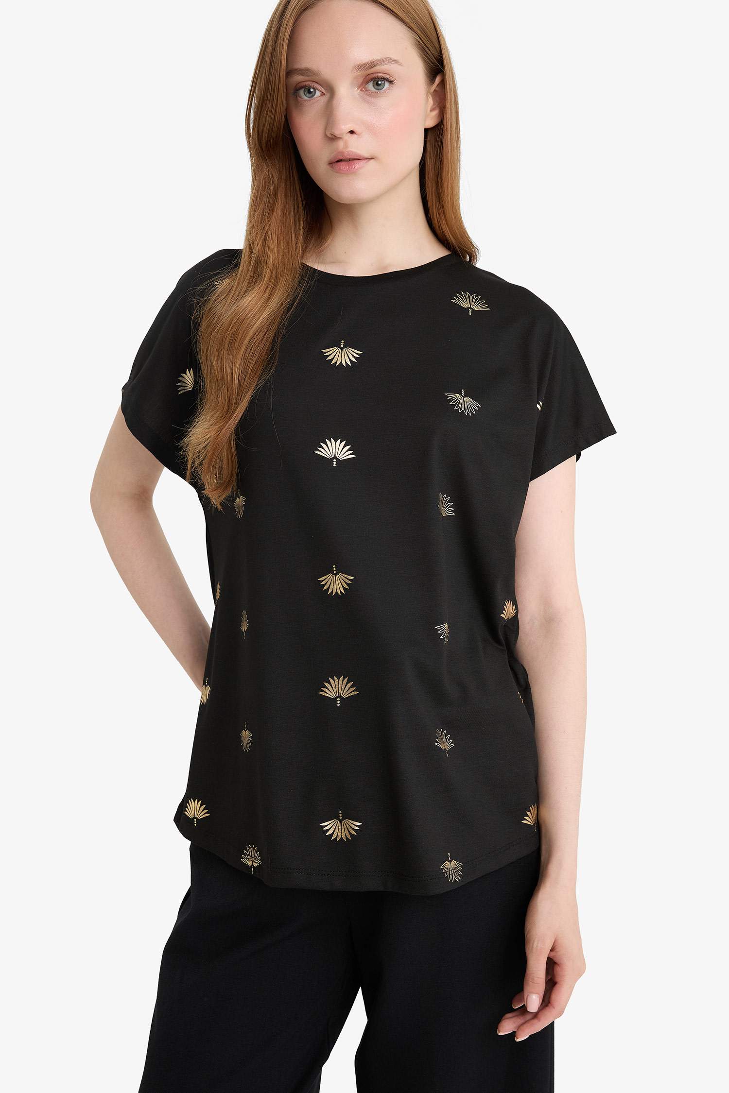 Regular Fit Bisiklet Yaka Desenli Kısa Kollu Tişört