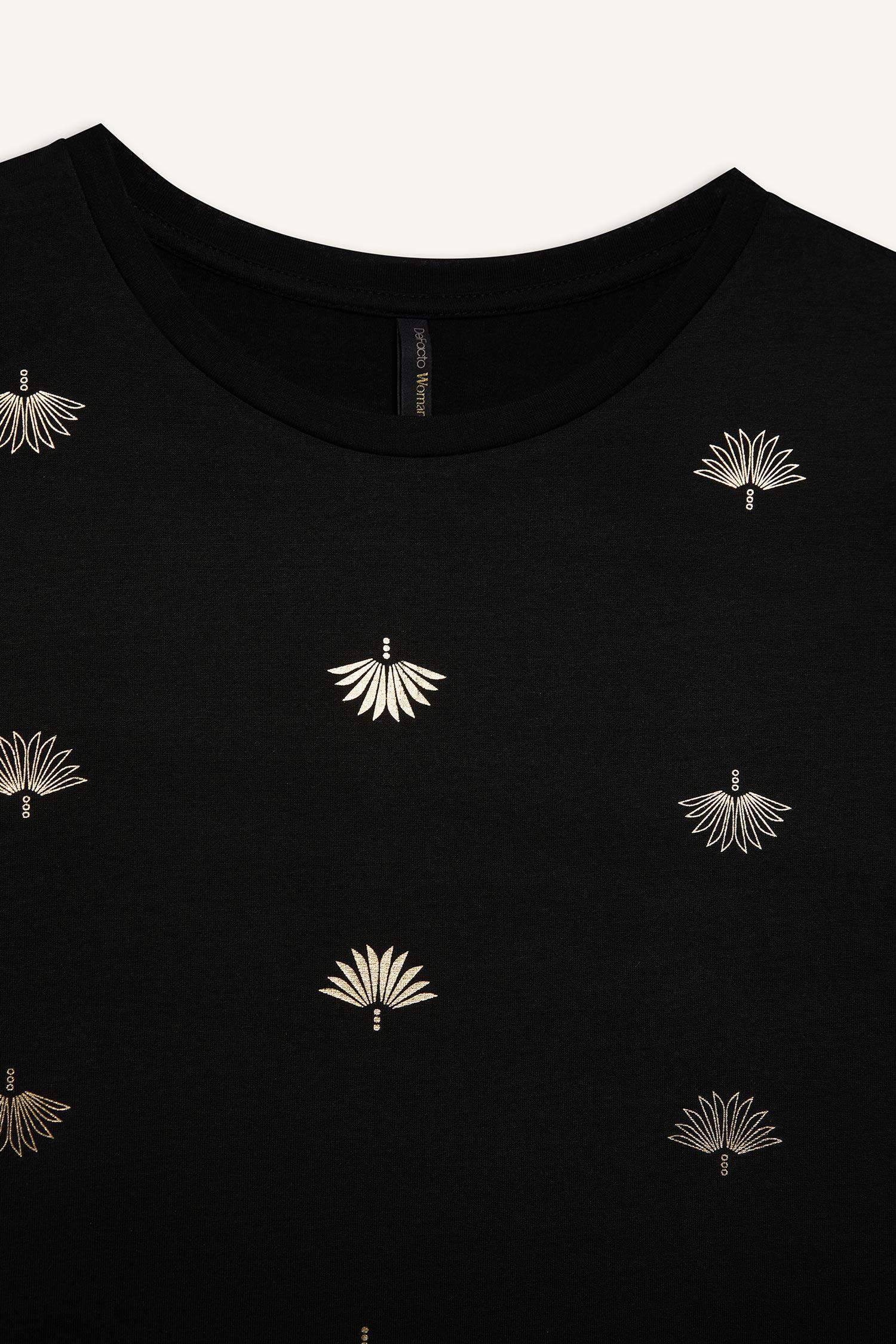 Regular Fit Bisiklet Yaka Desenli Kısa Kollu Tişört