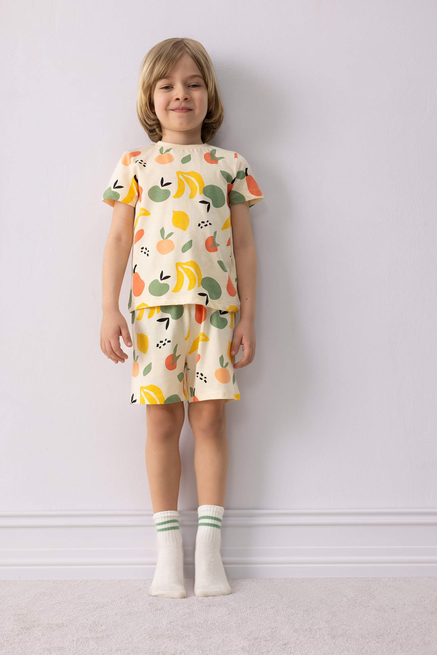 Erkek Bebek Pijama Takımı Meyve Desenli Kısa Kollu Penye Üst Şort