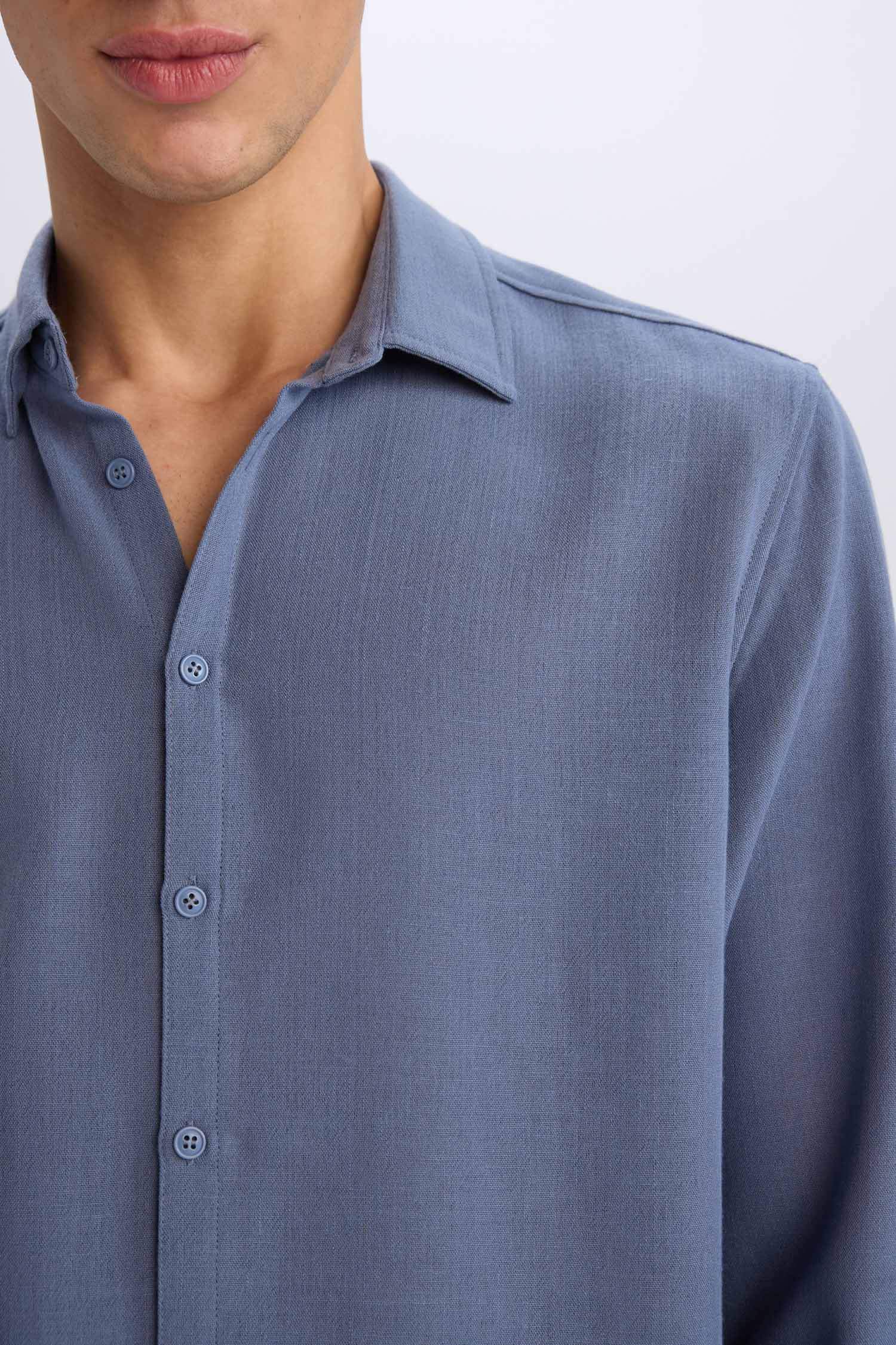 قميص بولو كم طويل مودرن فيت ذو مظهر كتاني