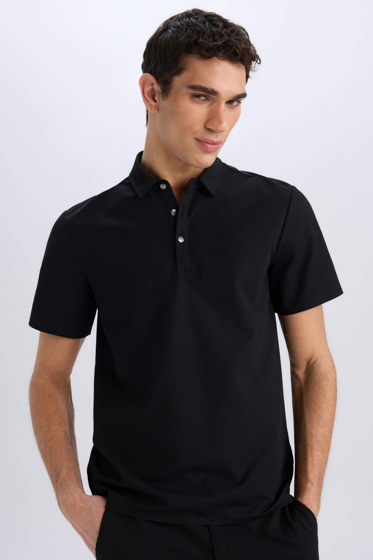 Slim Fit Dar Kesim Polo Yaka Kısa Kollu Waffle Siyah Tişört