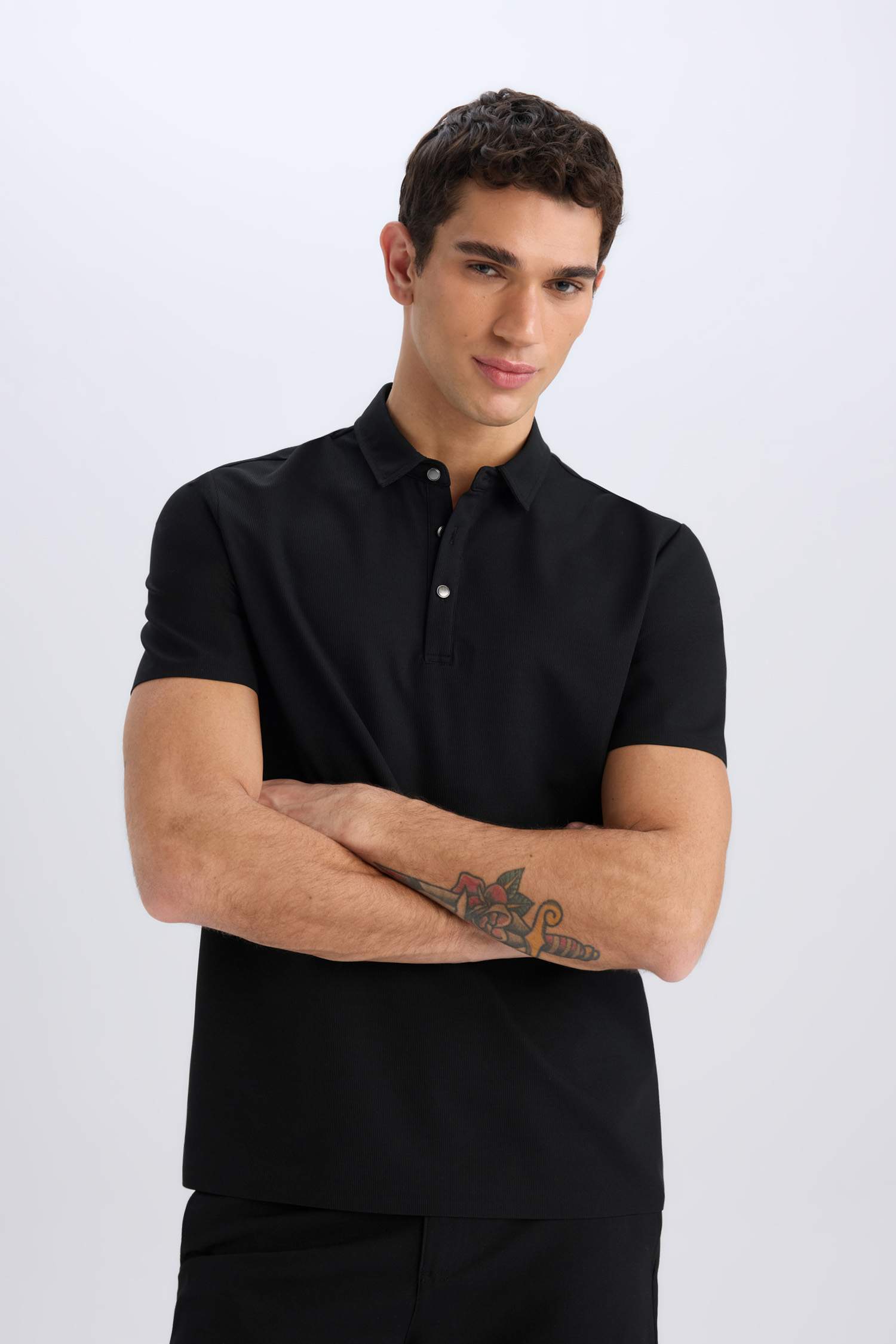 Slim Fit Dar Kesim Polo Yaka Kısa Kollu Waffle Siyah Tişört