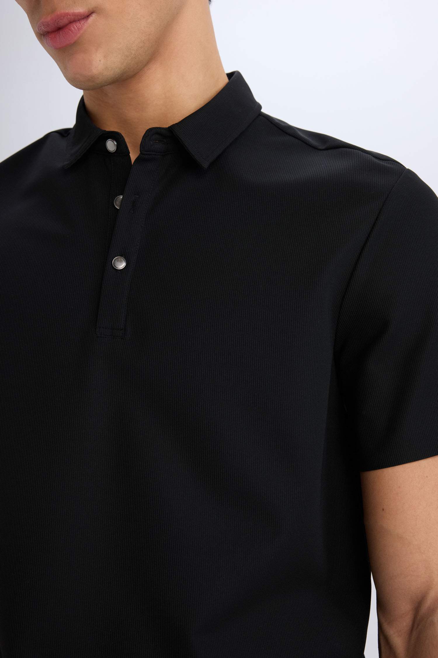 Slim Fit Dar Kesim Polo Yaka Kısa Kollu Waffle Siyah Tişört