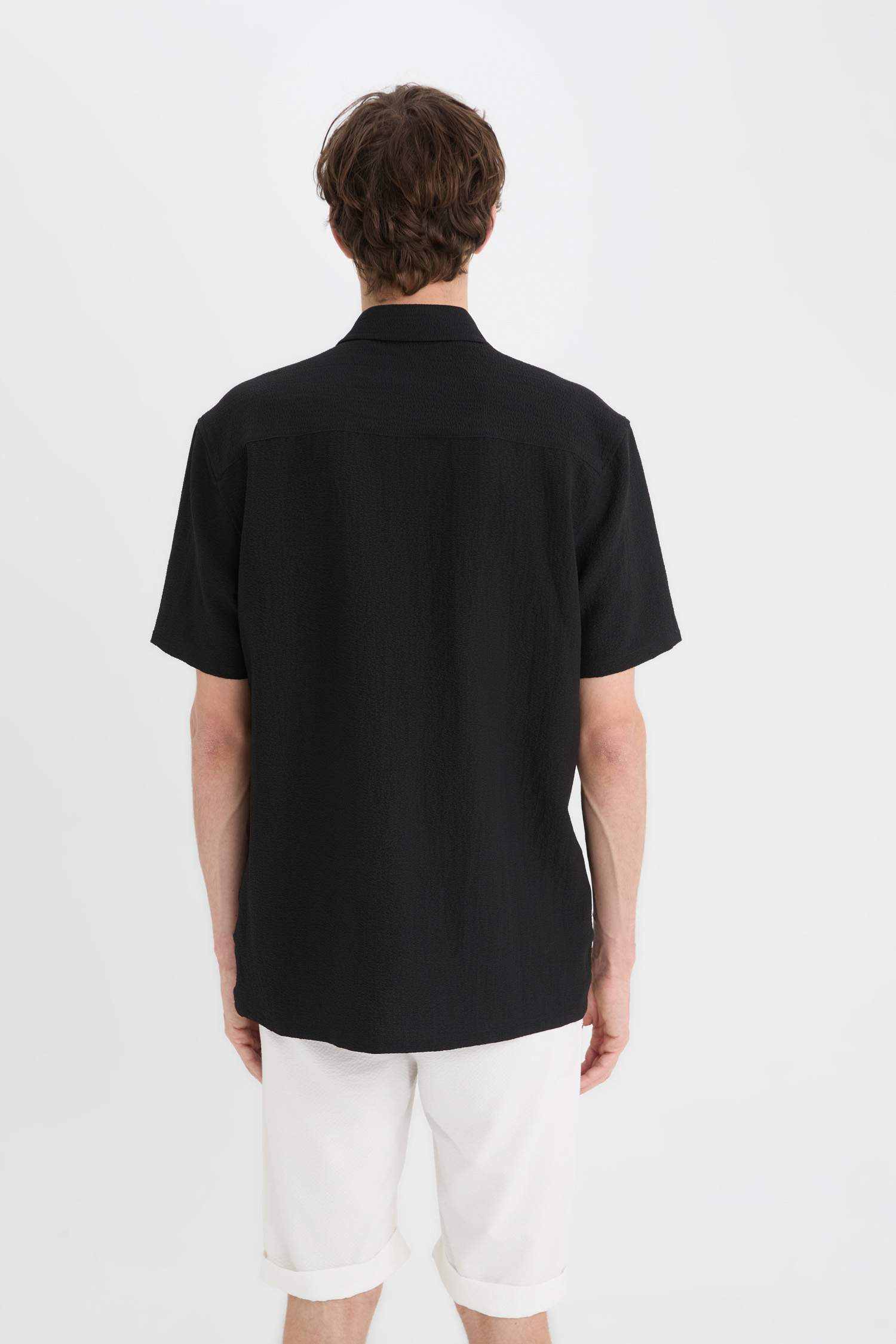 Regular Fit Polo Yaka Krinkıl Yazlık Kısa Kollu Siyah Gömlek