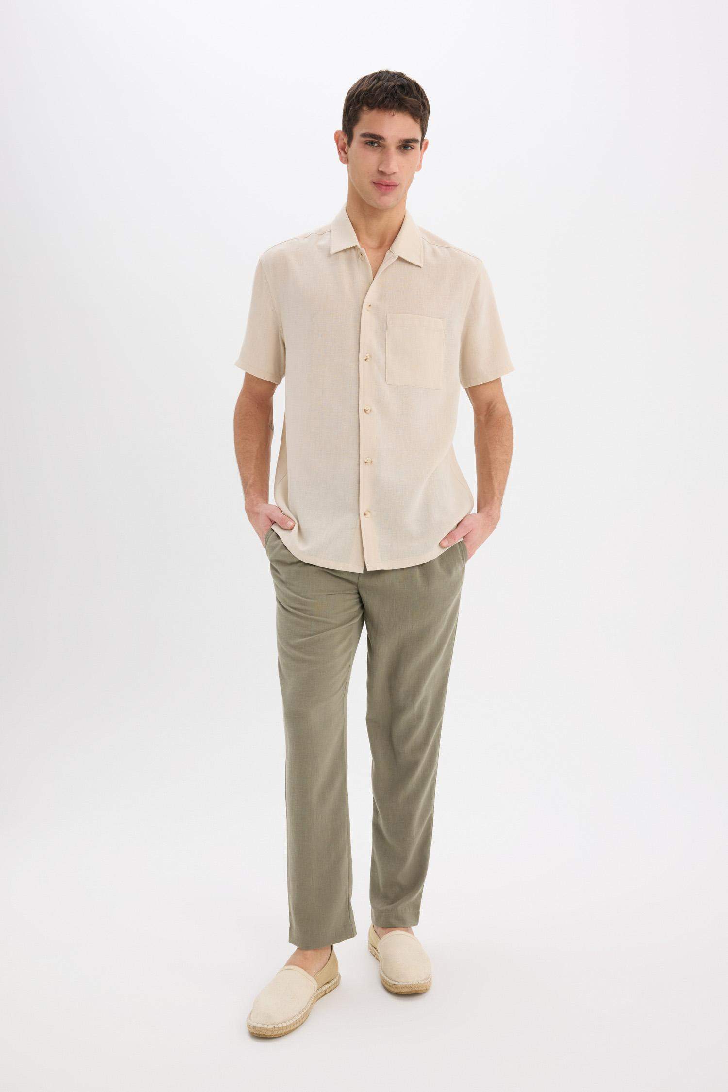 قميص كتان نص كم قصة مريحة بياقة بولو