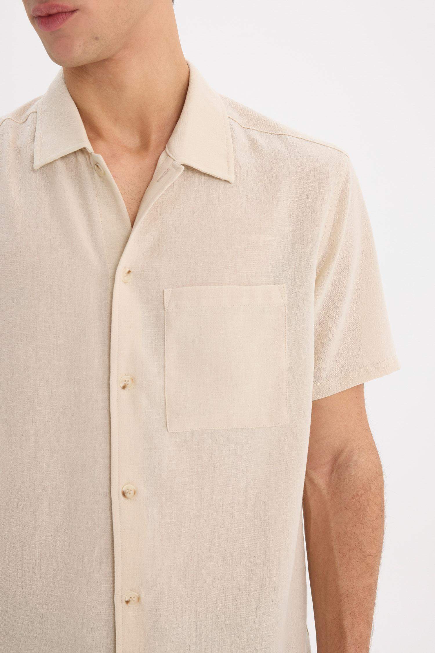 قميص كتان نص كم قصة مريحة بياقة بولو