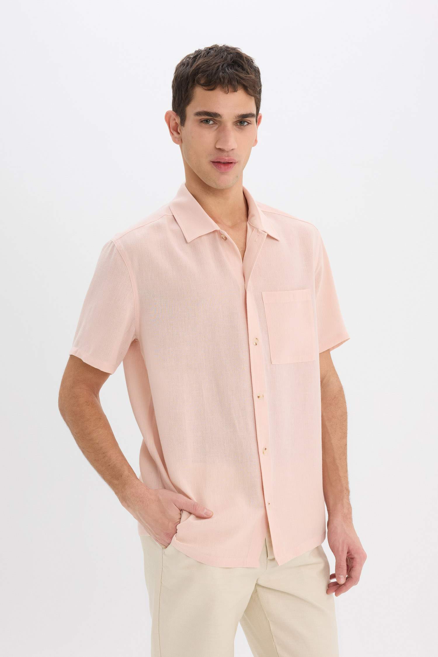 Relax Fit Polo Collar Linen Look Summer Shirt