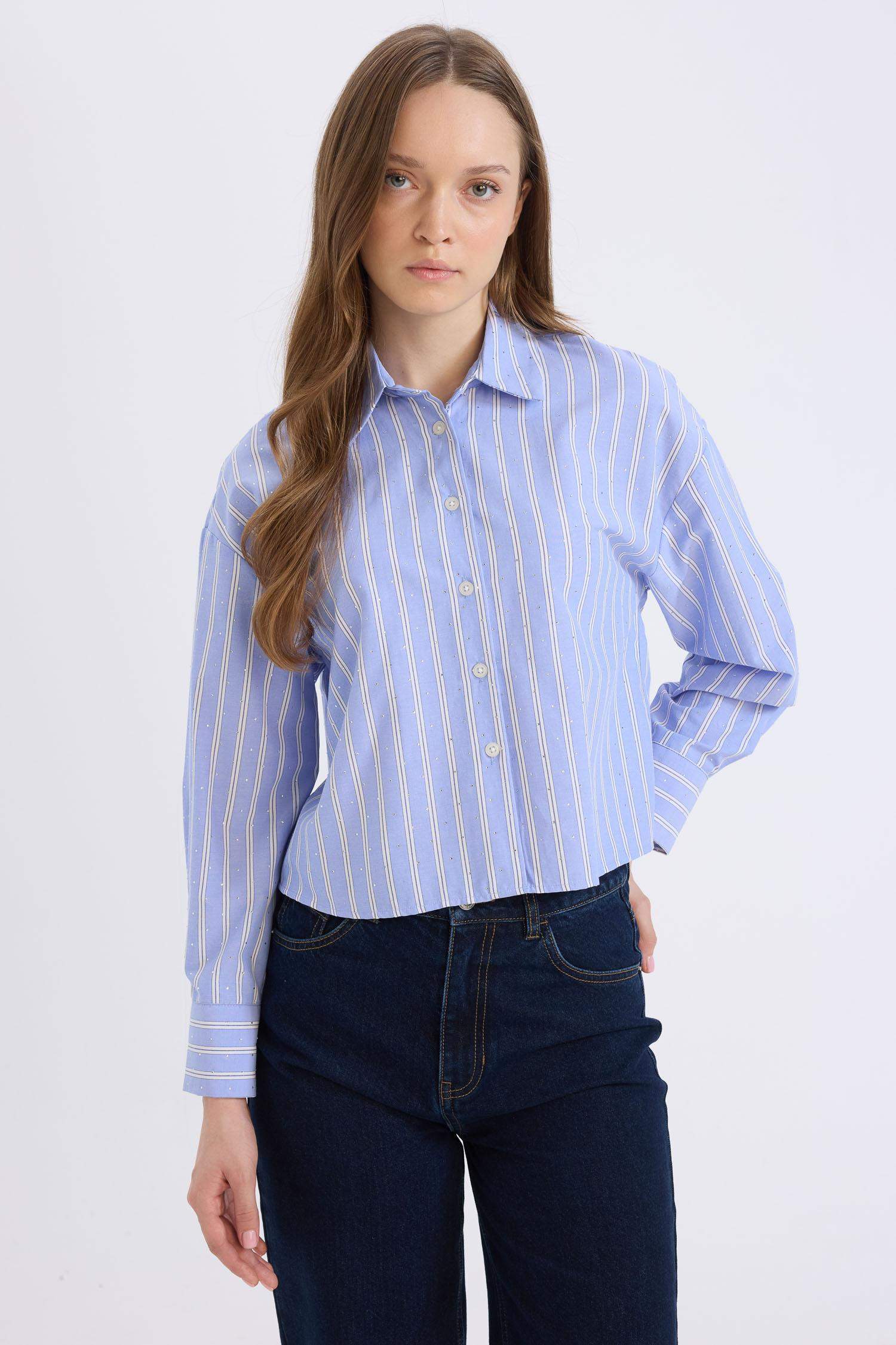 Relax Fit Çizgili Poplin Uzun Kollu Gömlek