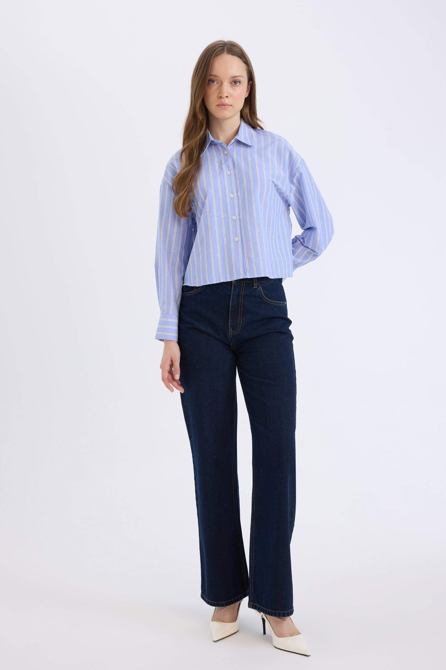 Relax Fit Çizgili Poplin Uzun Kollu Gömlek