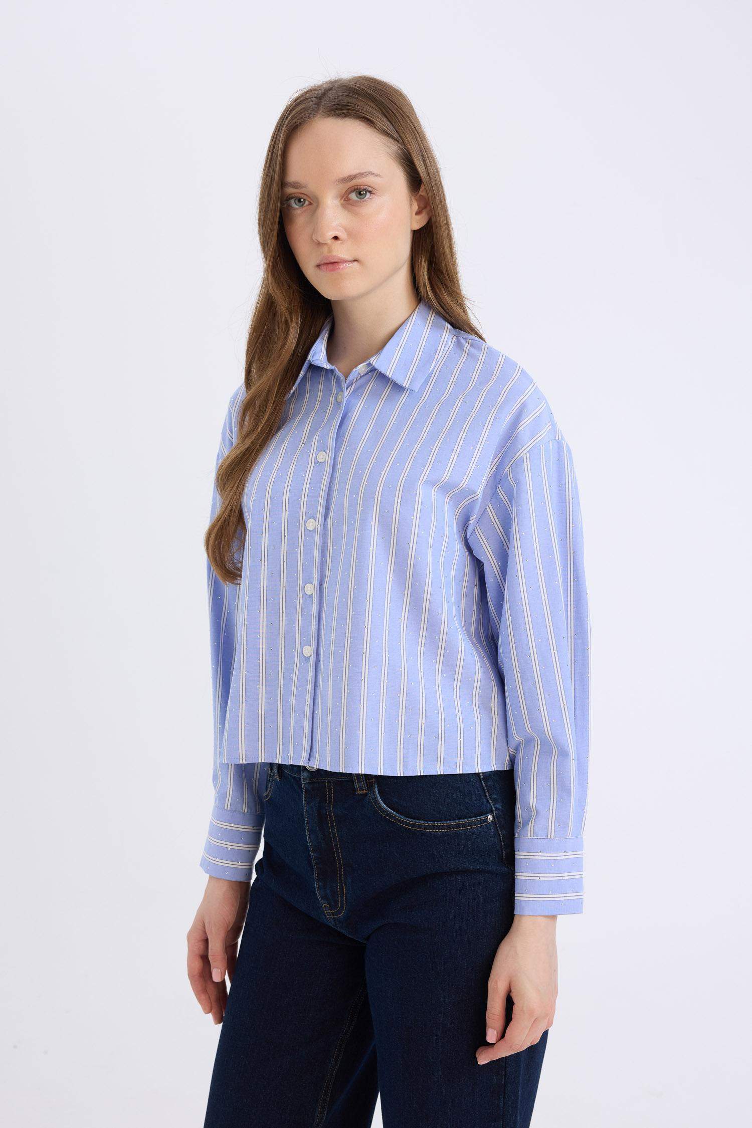 Relax Fit Çizgili Poplin Uzun Kollu Gömlek