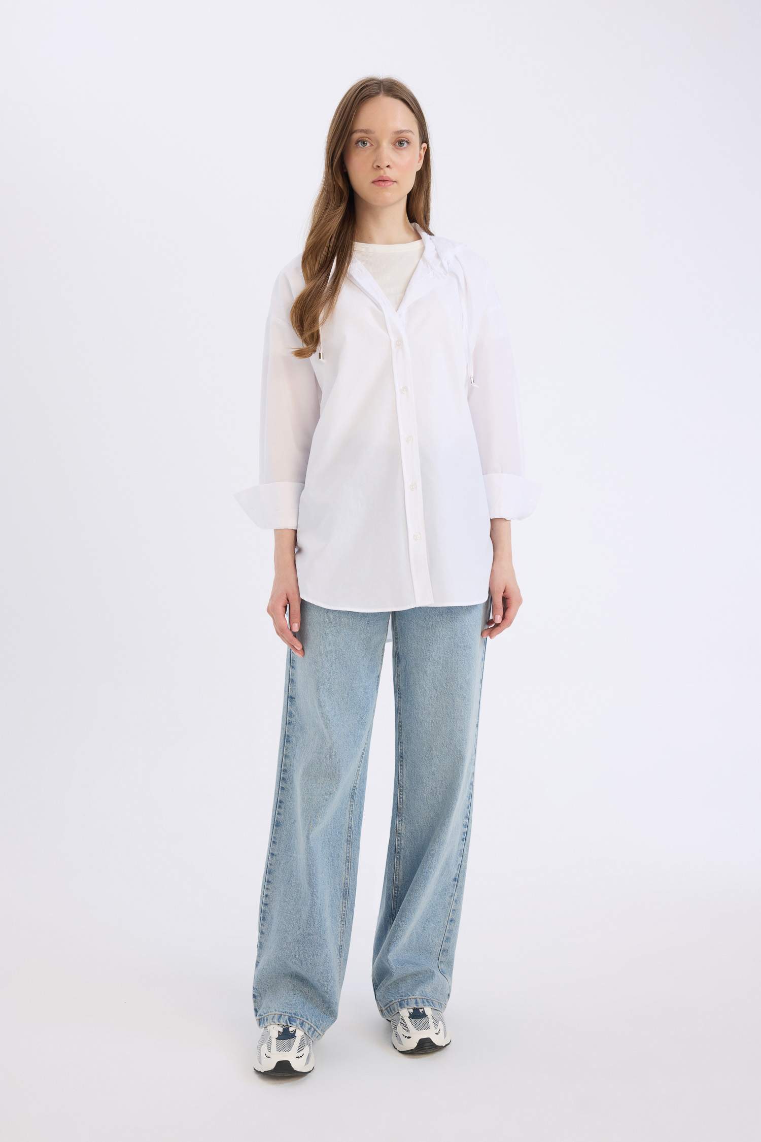 Relax Fit Hooded Basic Poplin White Shirt Tunic