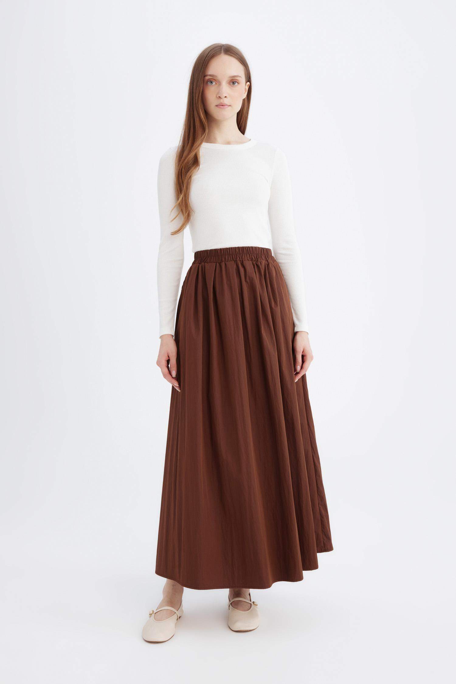 A Kesim Beli Lastikli Paraşüt Kumaş Maxi Etek