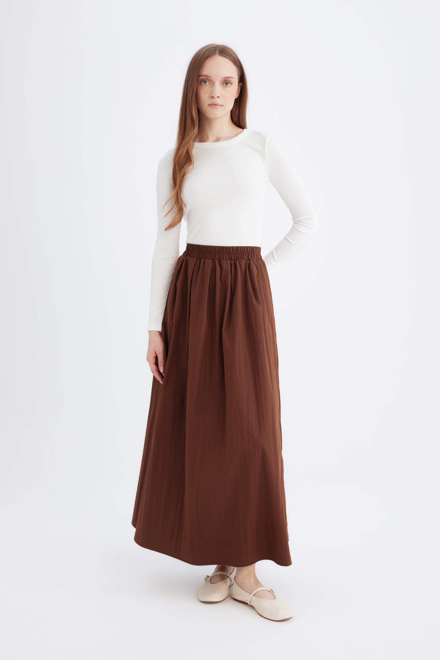 A Kesim Beli Lastikli Paraşüt Kumaş Maxi Etek