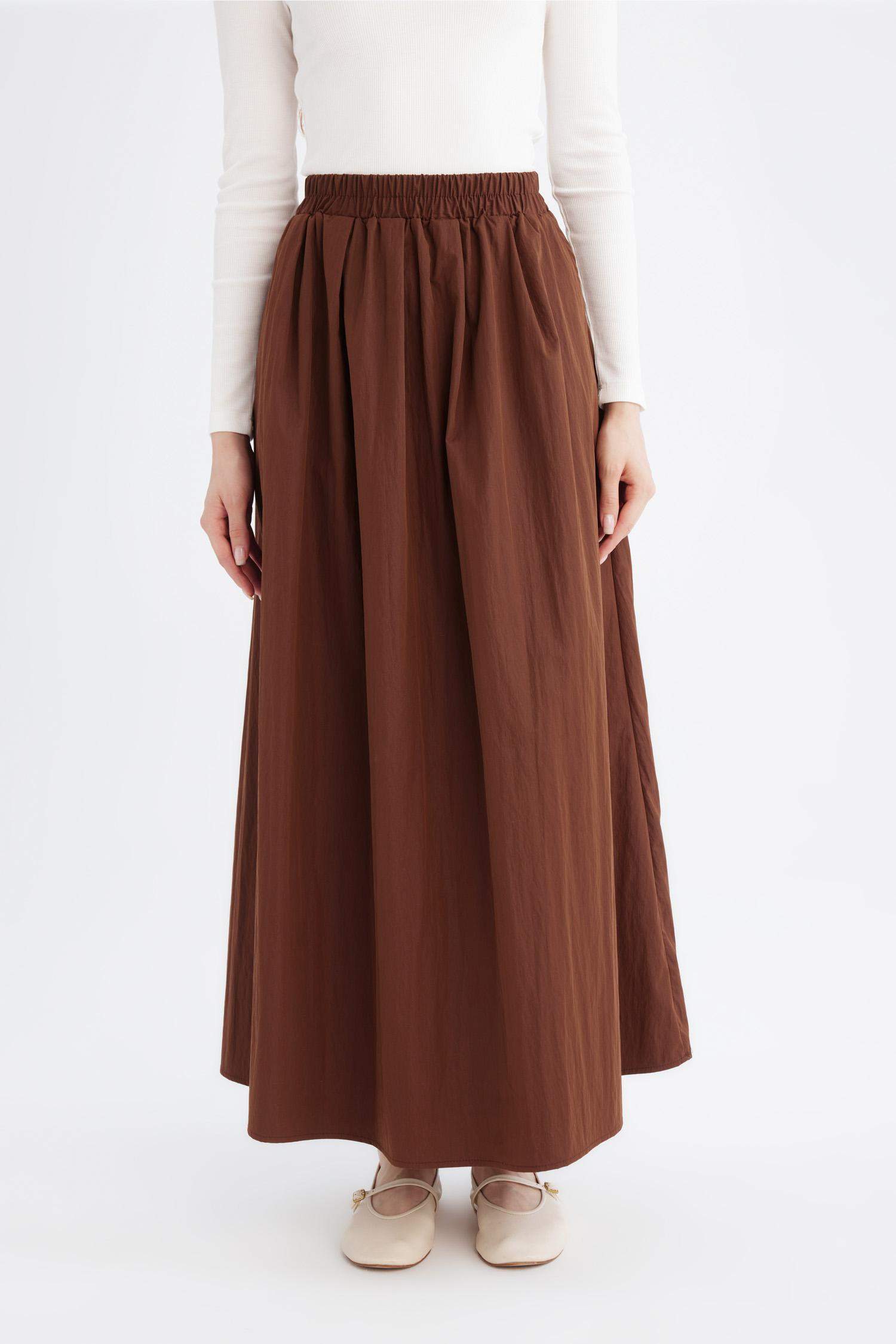 A Kesim Beli Lastikli Paraşüt Kumaş Maxi Etek