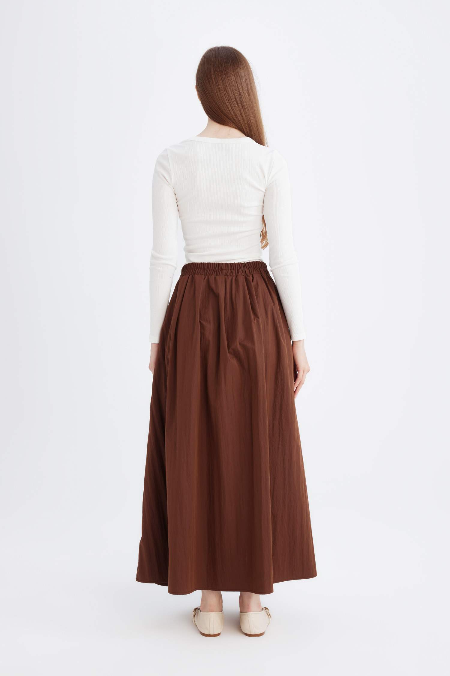 A Kesim Beli Lastikli Paraşüt Kumaş Maxi Etek