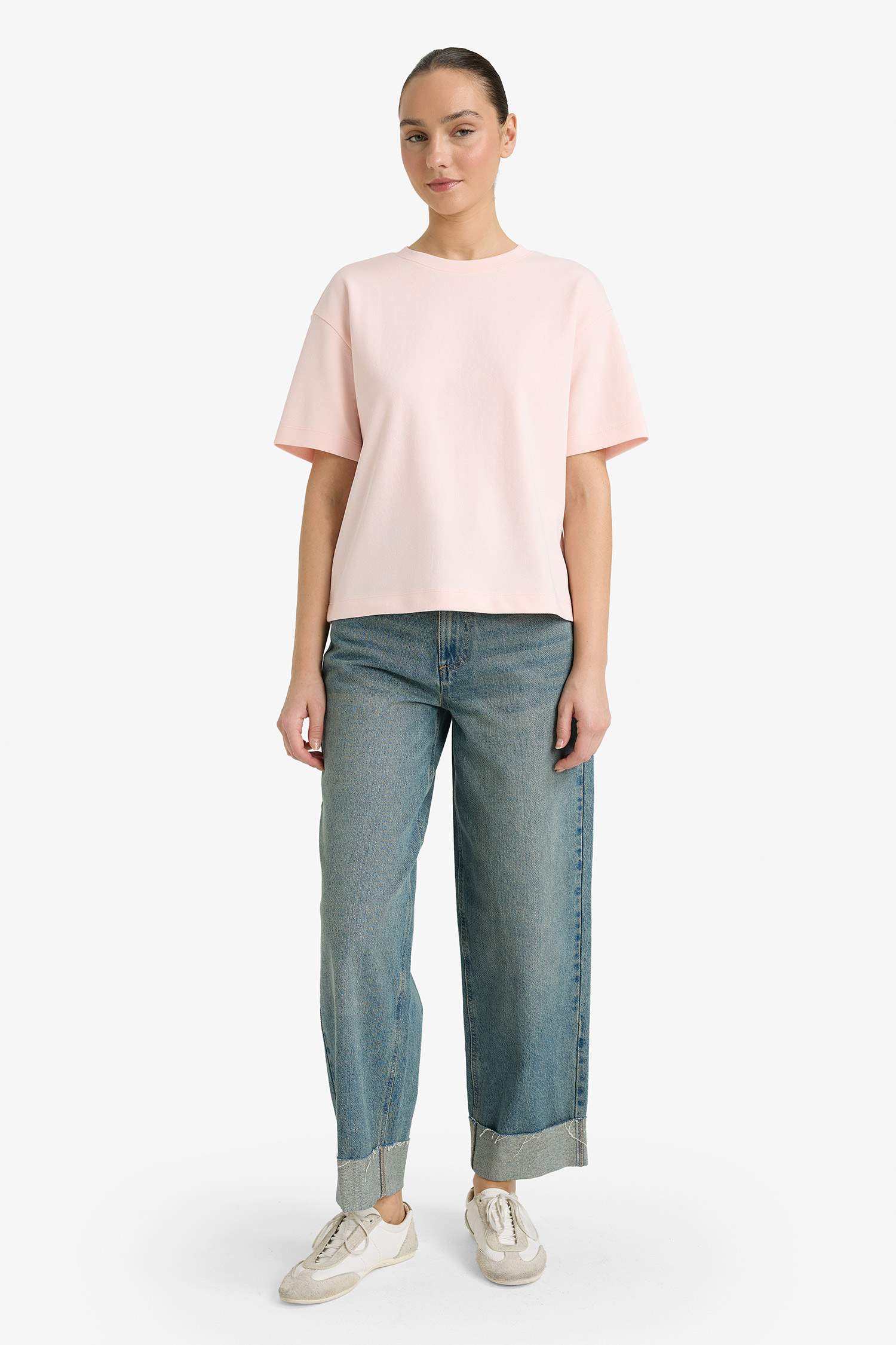 Oversize дөңгелек жағалы негізгі basic қысқа жеңді футболка