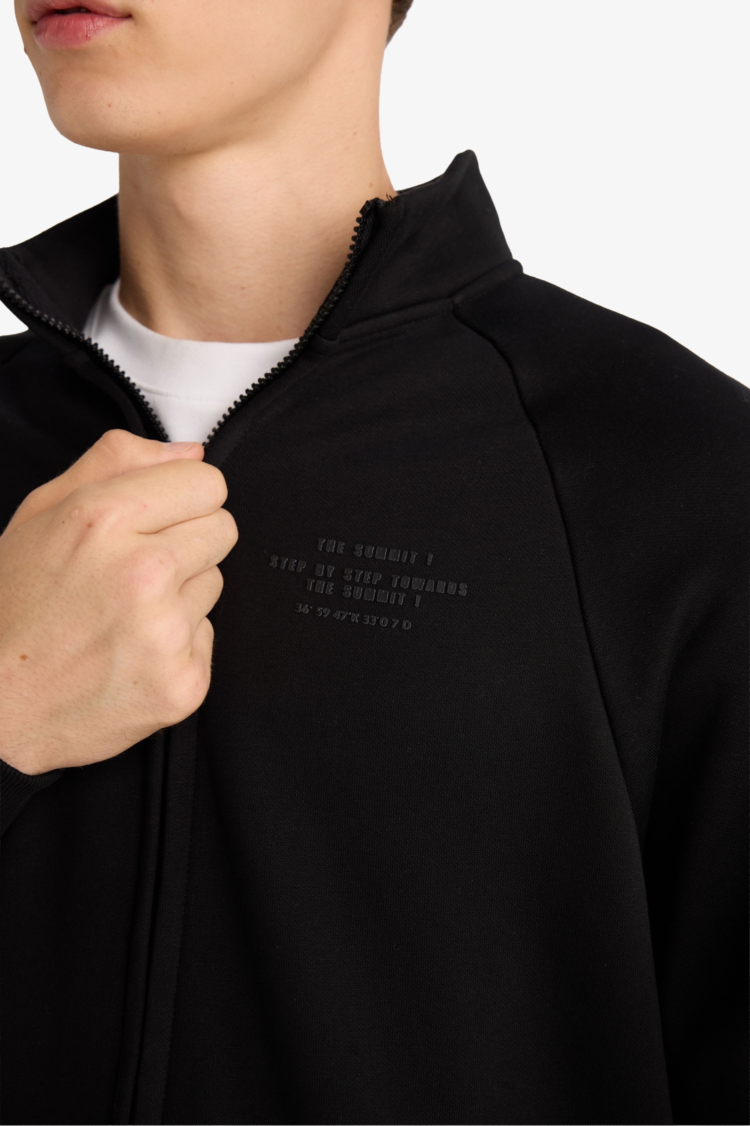 Boxy Fit Dik Yaka Baskılı İçi Yumuşak Tüylü Cepli Fermuarlı Sweatshirt