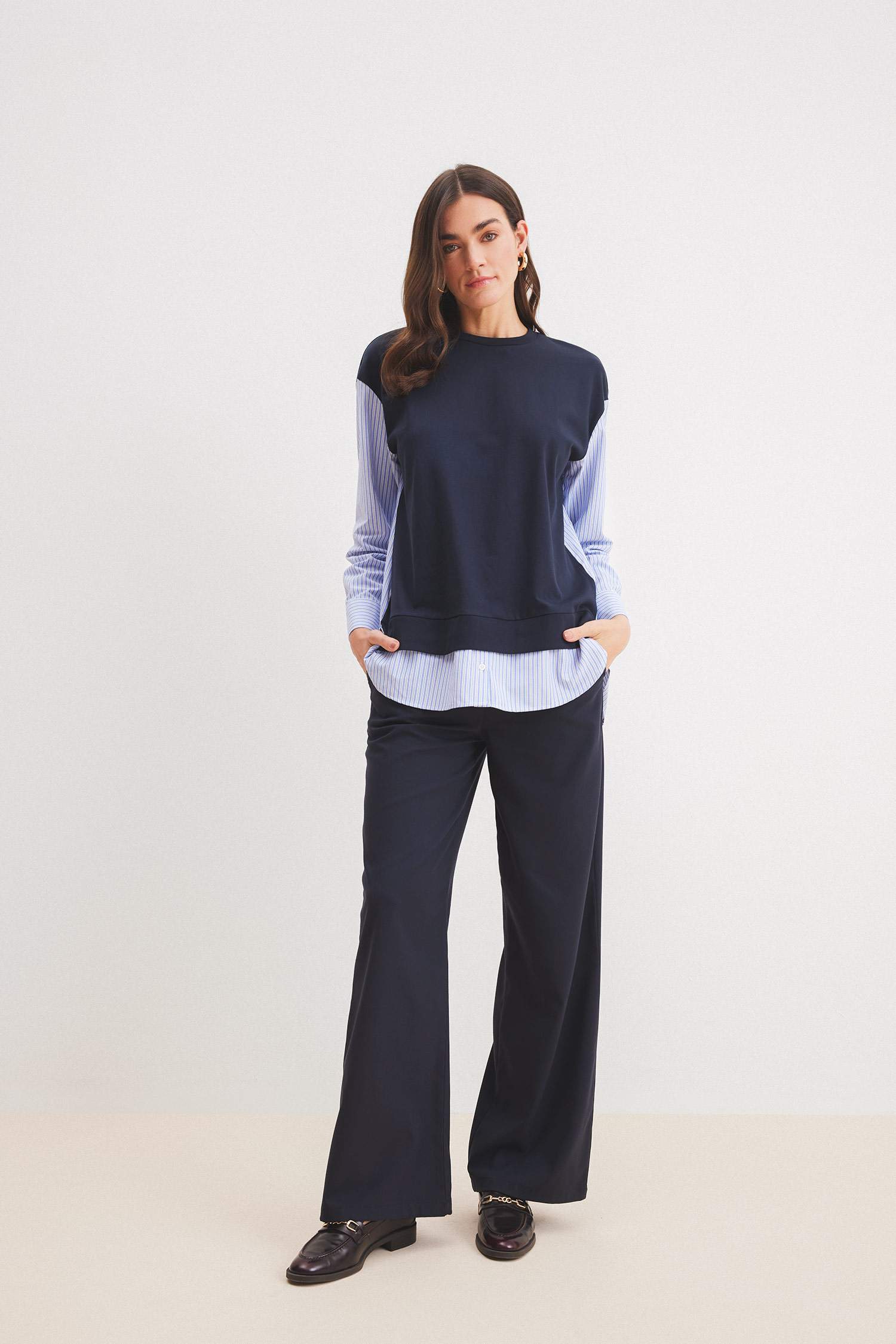 Bisiklet Yaka Çizgili Gömlek Görünümlü Sweatshirt Tunik