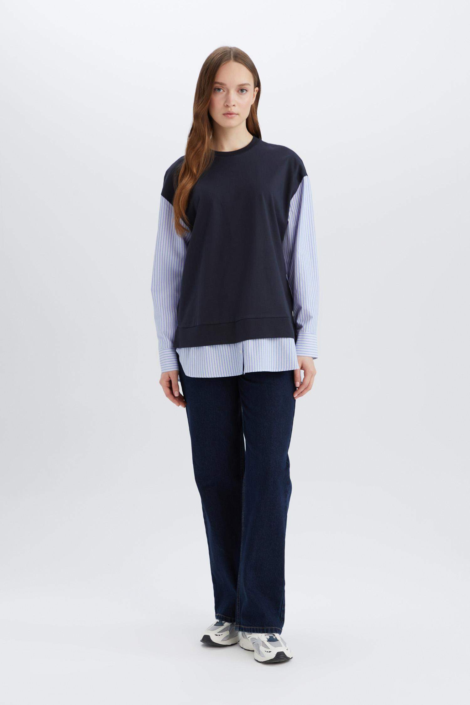 Bisiklet Yaka Çizgili Gömlek Görünümlü Sweatshirt Tunik