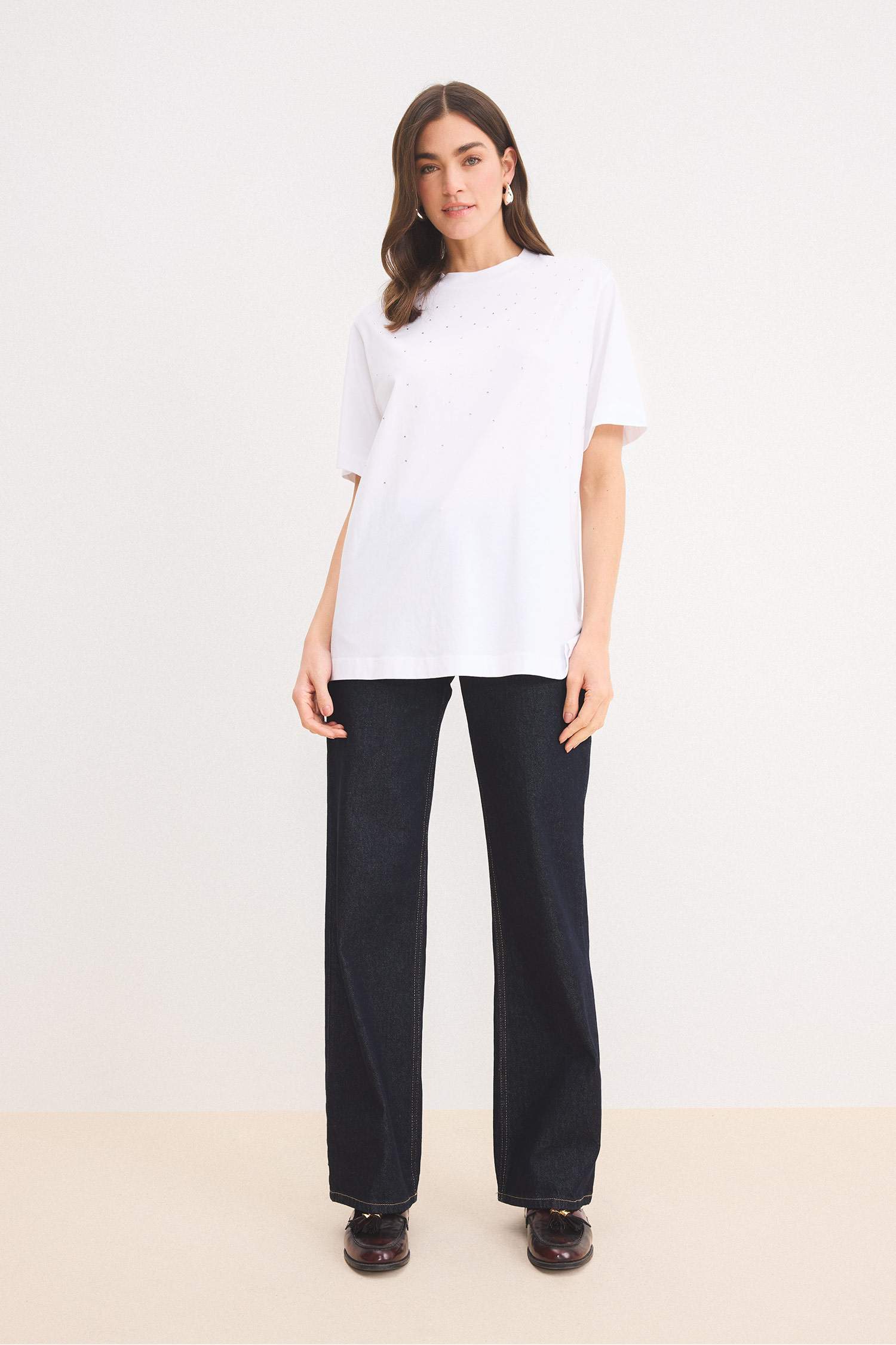 Regular Fit Bisiklet Yaka Basic Düz Kısa Kollu Beyaz Tişört Tunik