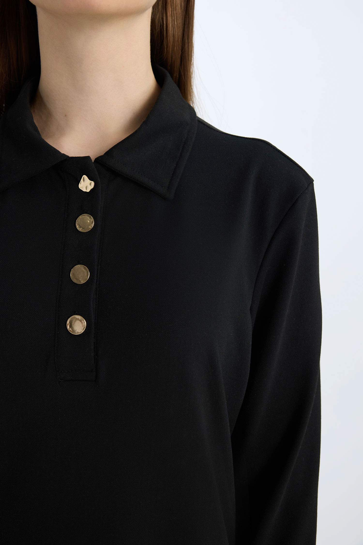 Regular Fit Gömlek Yaka Basic Düz Uzun Kollu Pike Maxi Elbise