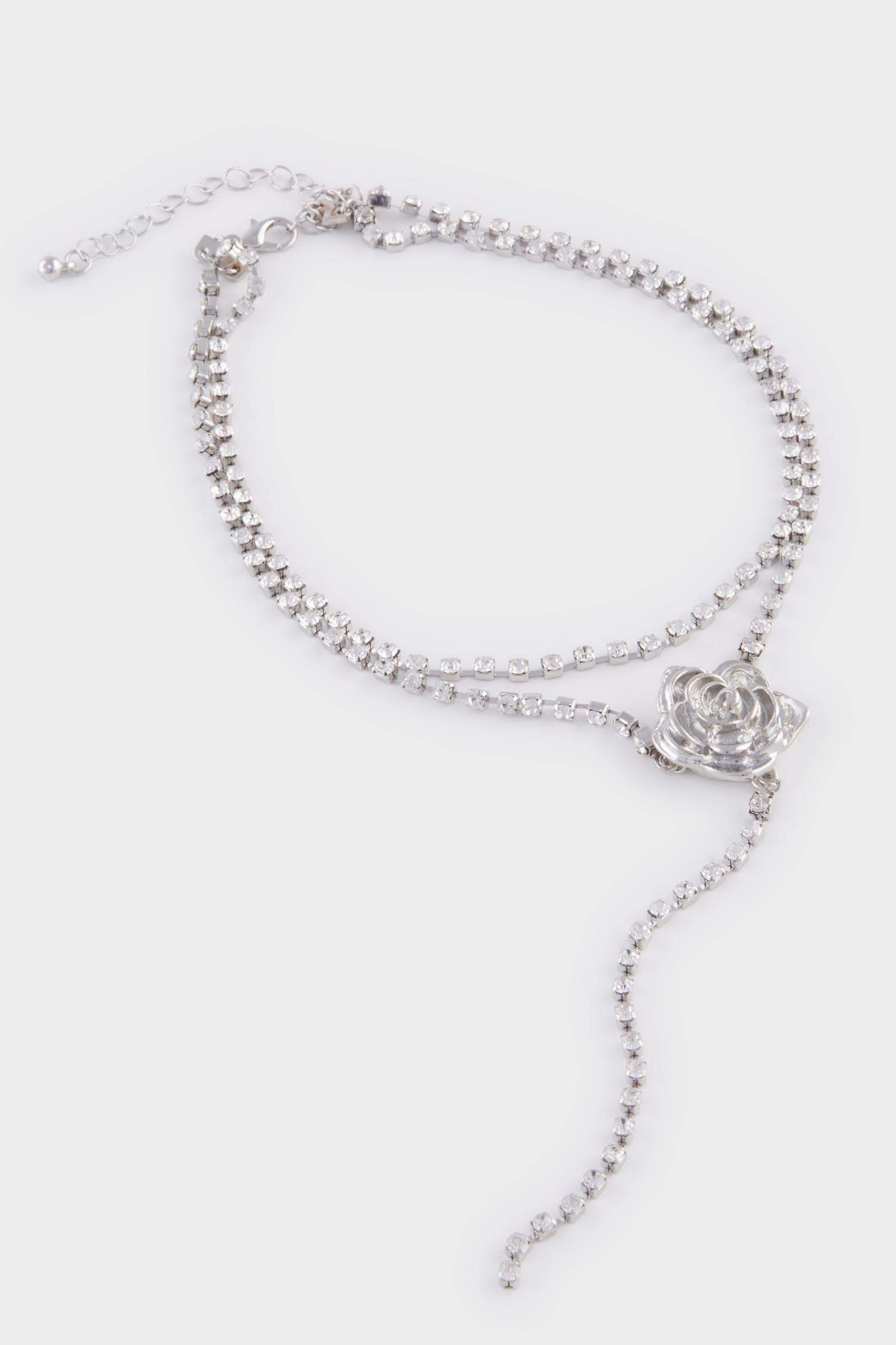 Kadın Gül Detaylı Taşlı Sallantılı Silver Kolye