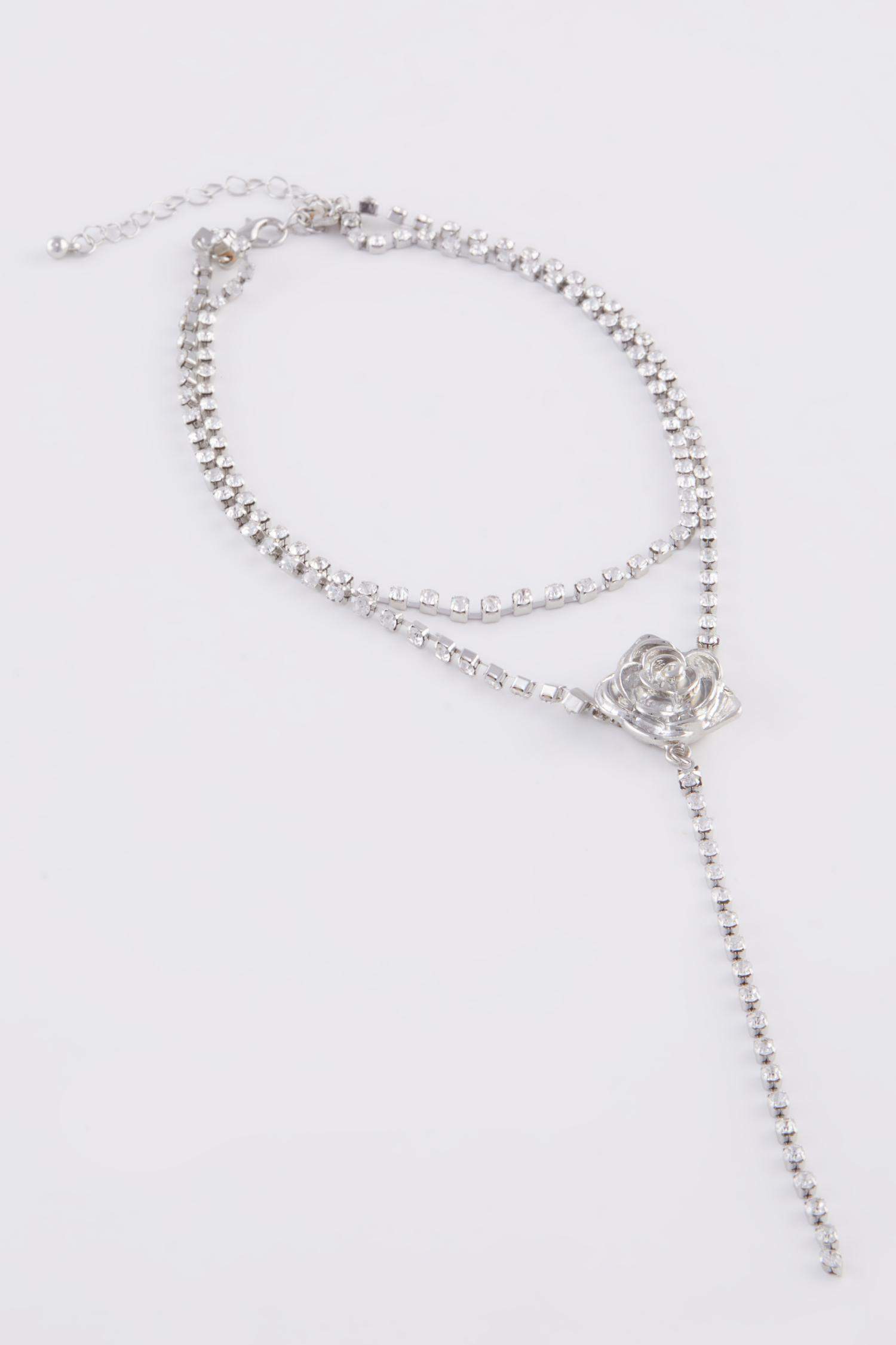 Kadın Gül Detaylı Taşlı Sallantılı Silver Kolye