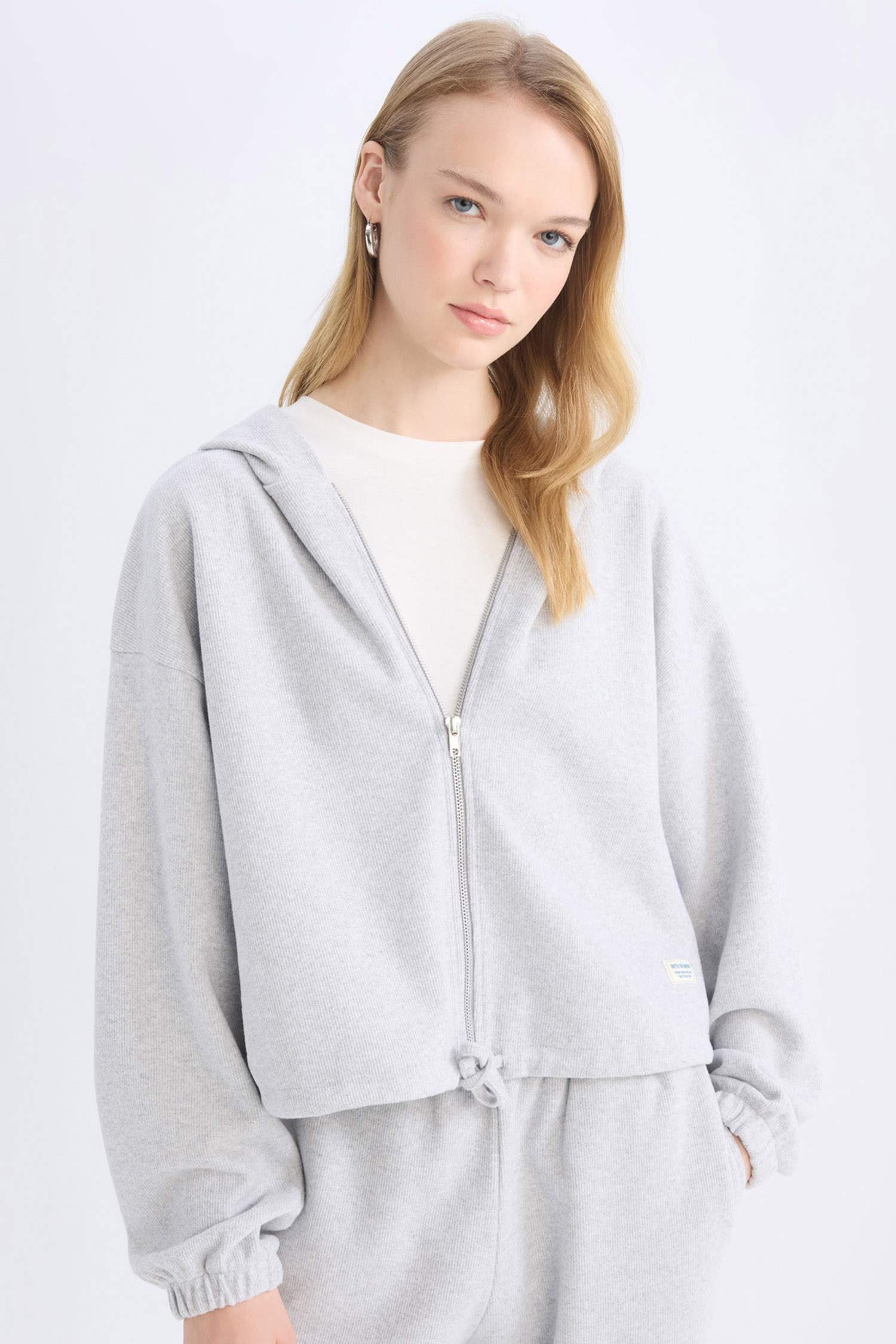 Loose Fit Basic Düz Kapüşonlu Fermuarlı Sweatshirt