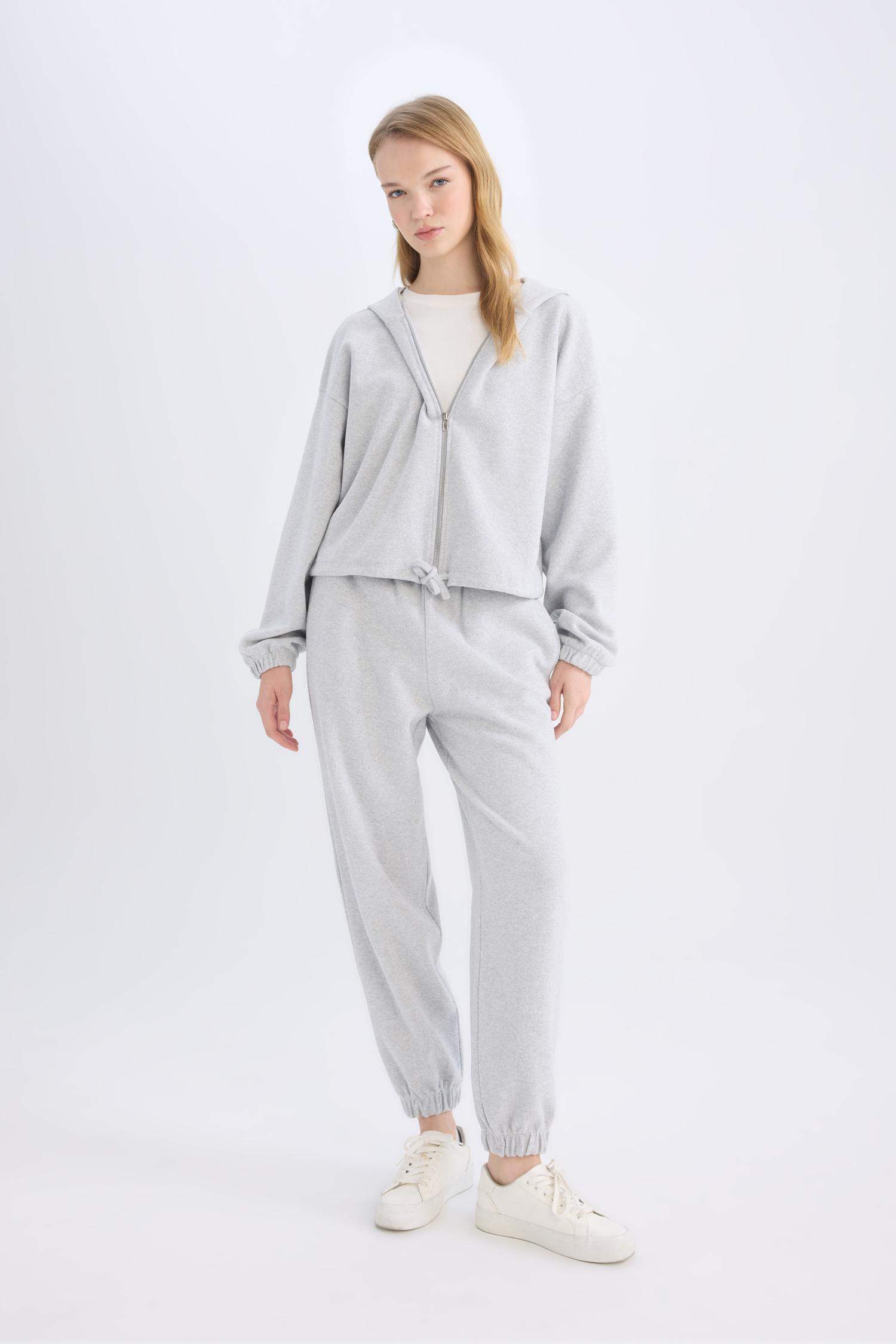 Loose Fit Basic Düz Kapüşonlu Fermuarlı Sweatshirt