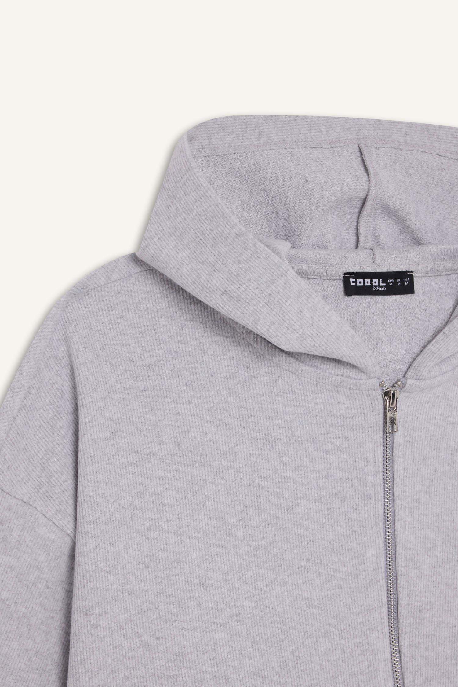 Loose Fit Basic Düz Kapüşonlu Fermuarlı Sweatshirt