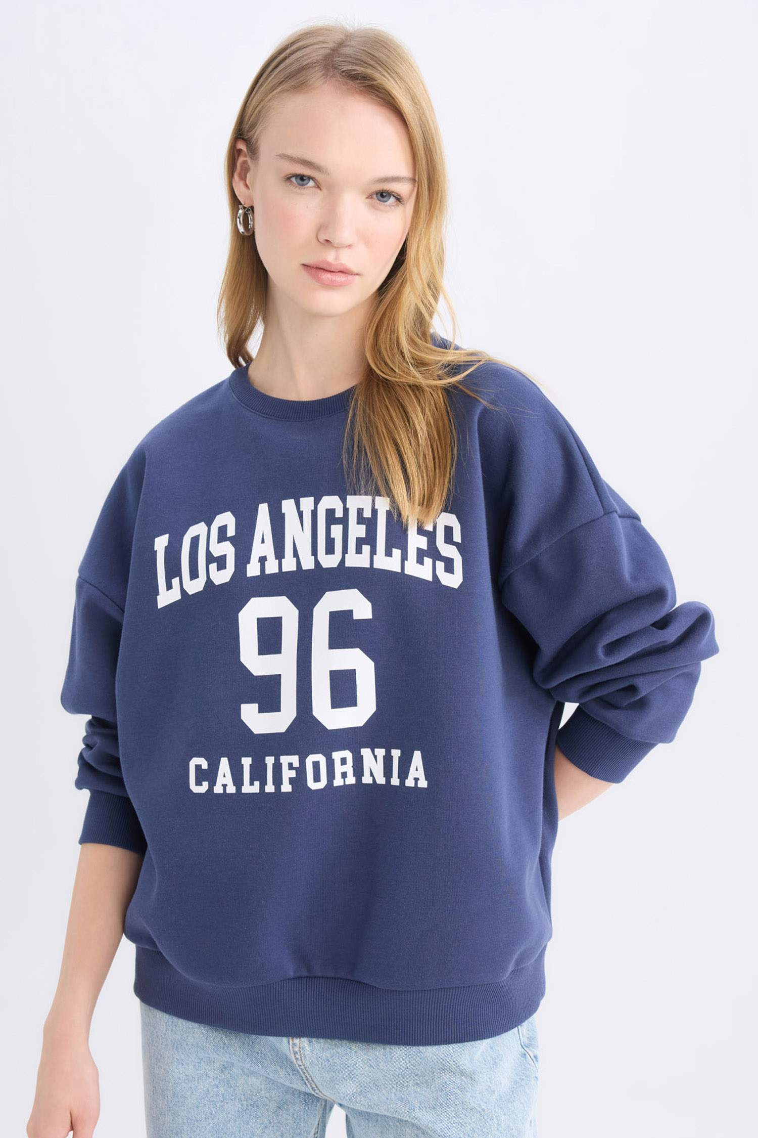 Loose Fit Bisiklet Yaka Baskılı Kalın Sweatshirt