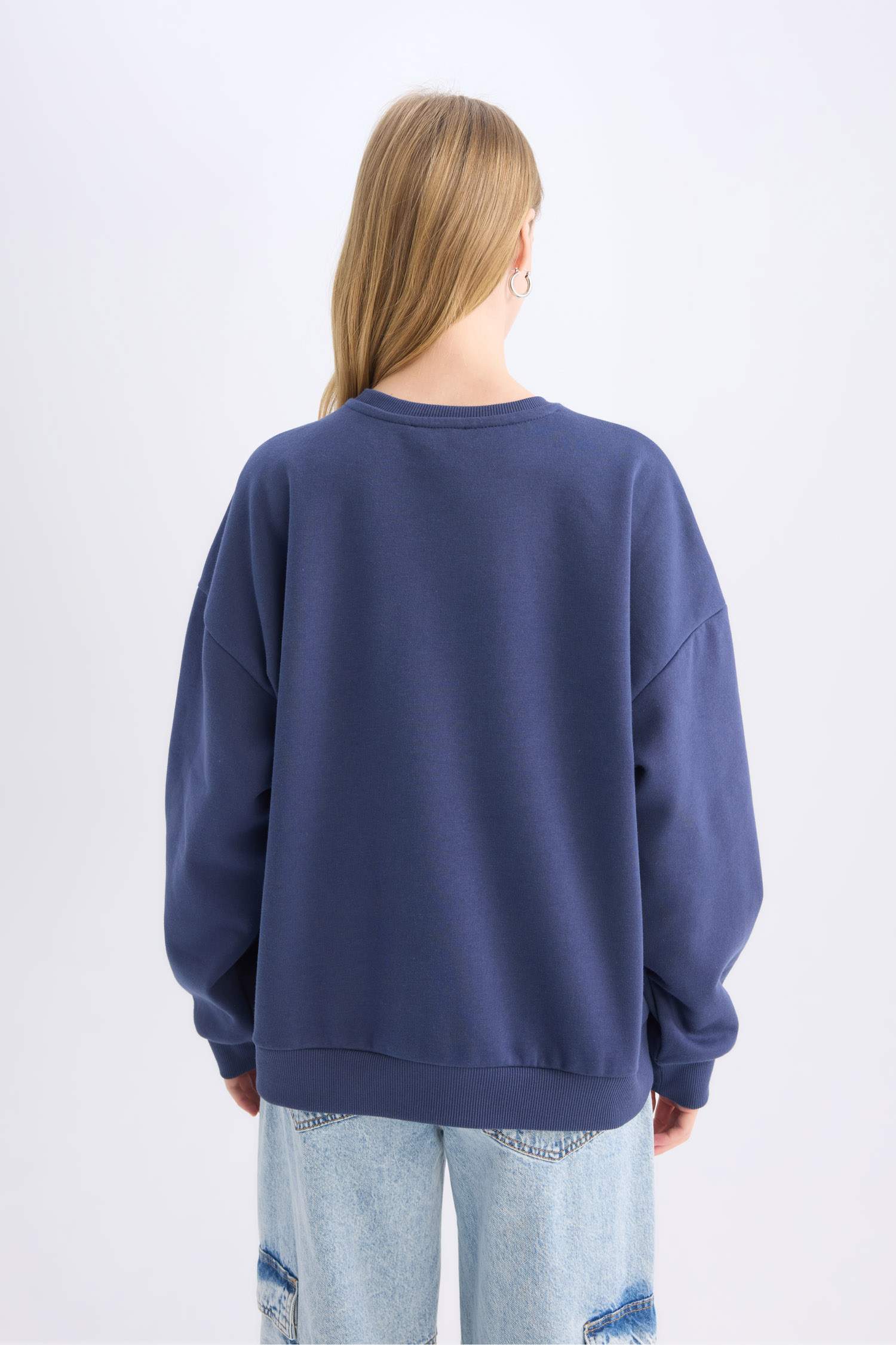 Loose Fit Bisiklet Yaka Baskılı Kalın Sweatshirt