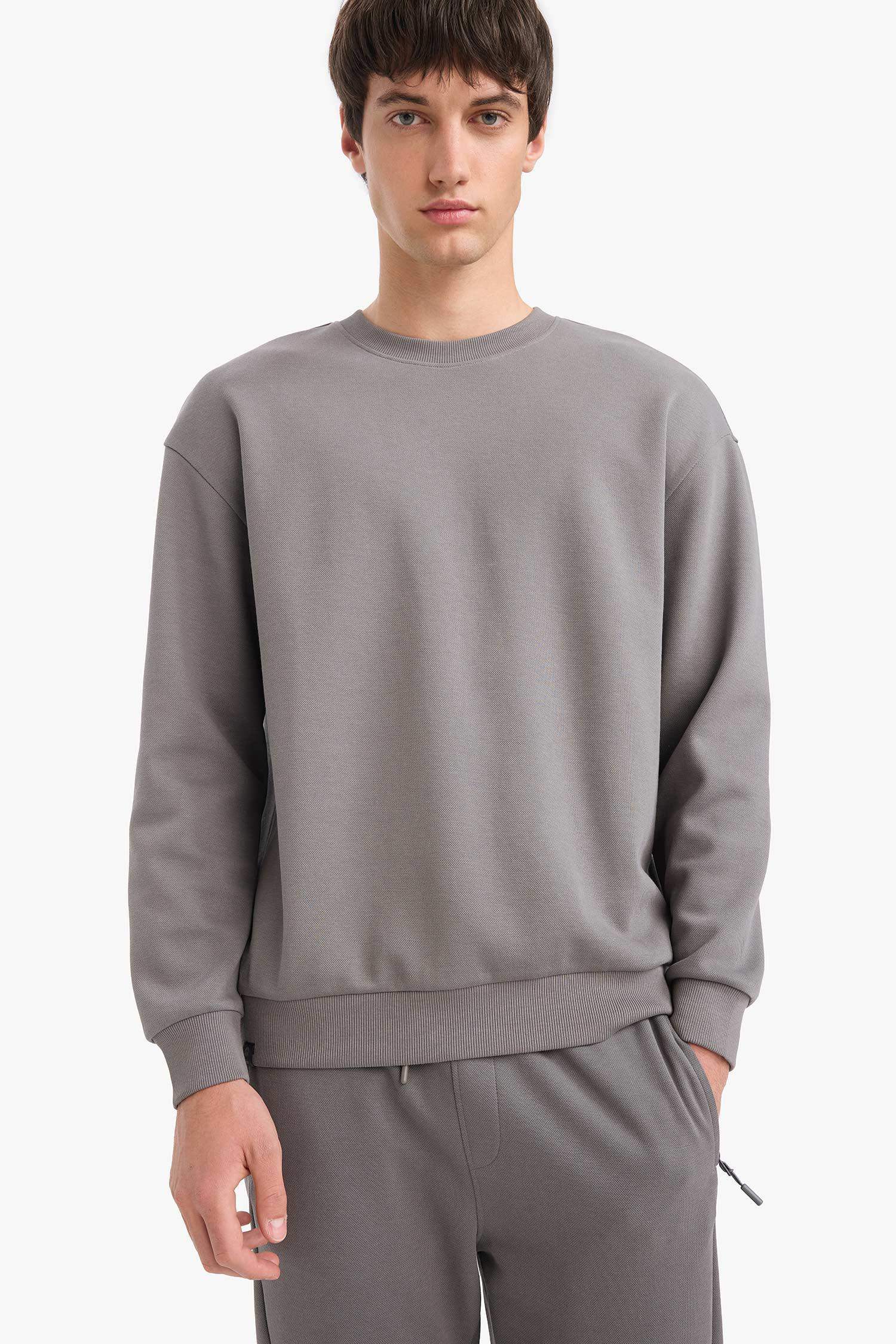Boxy Fit Bisiklet Yaka Basic Düz Pike Sweatshirt