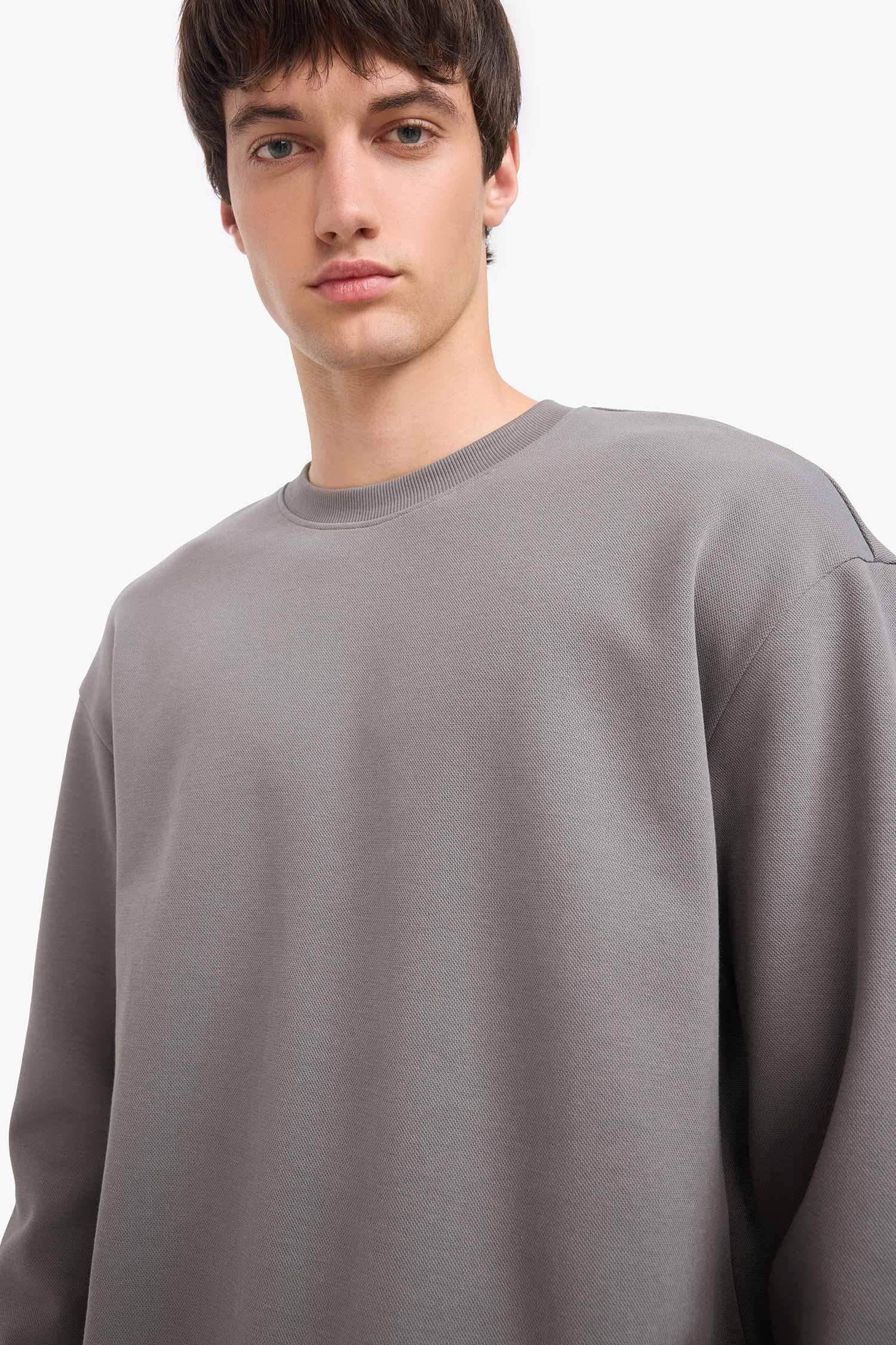Boxy Fit Bisiklet Yaka Basic Düz Pike Sweatshirt