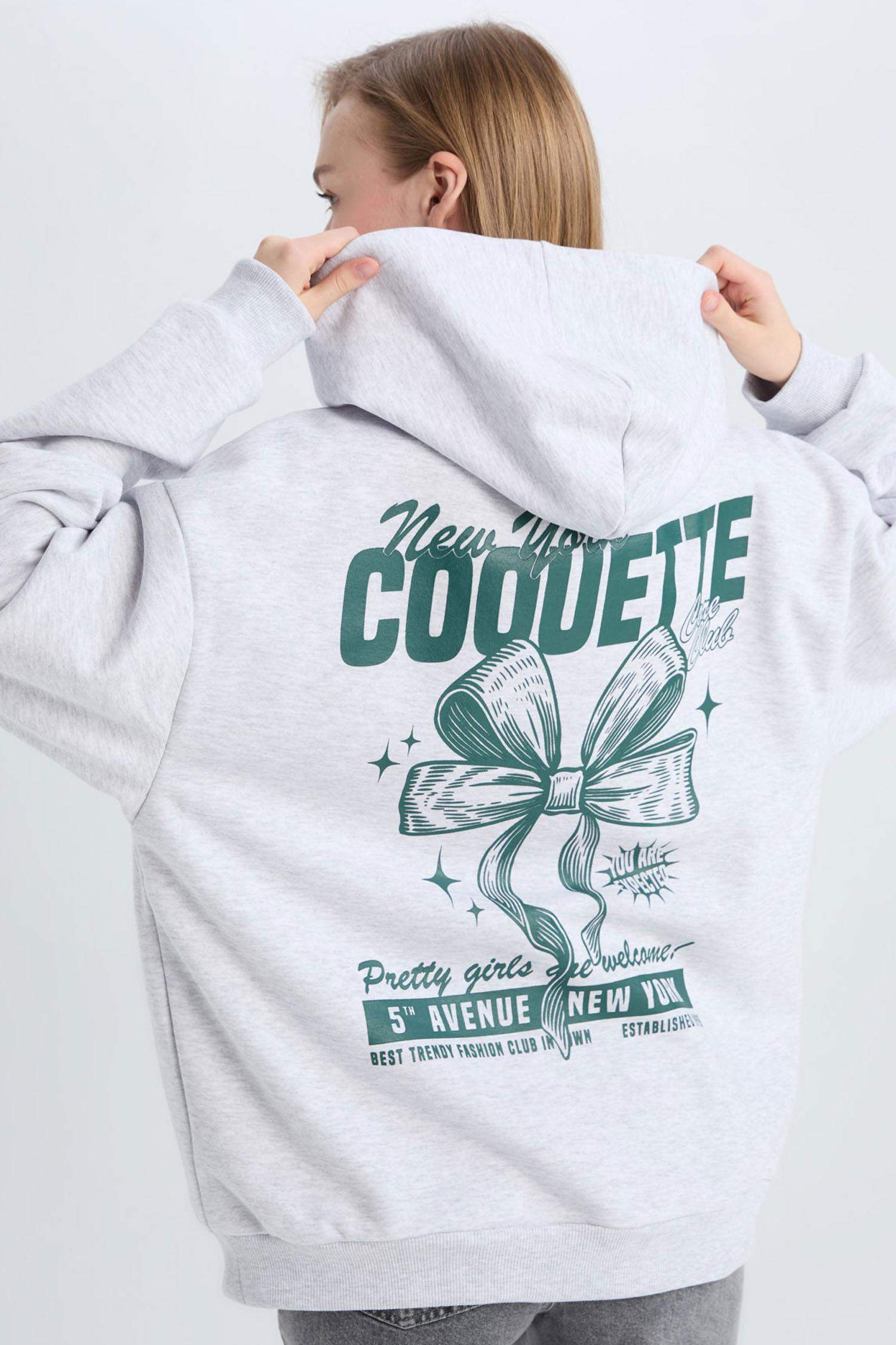 Oversize Geniş Kalıp Kapüşonlu Baskılı Kalın Sweatshirt