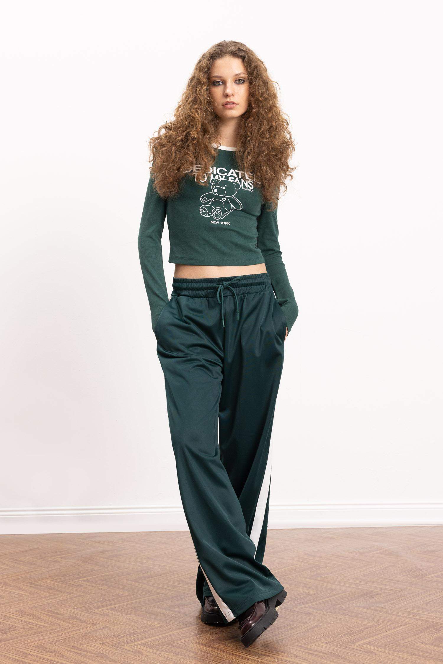 Fitted Baskılı Bisiklet Yaka Ribana Uzun Kollu Tişört