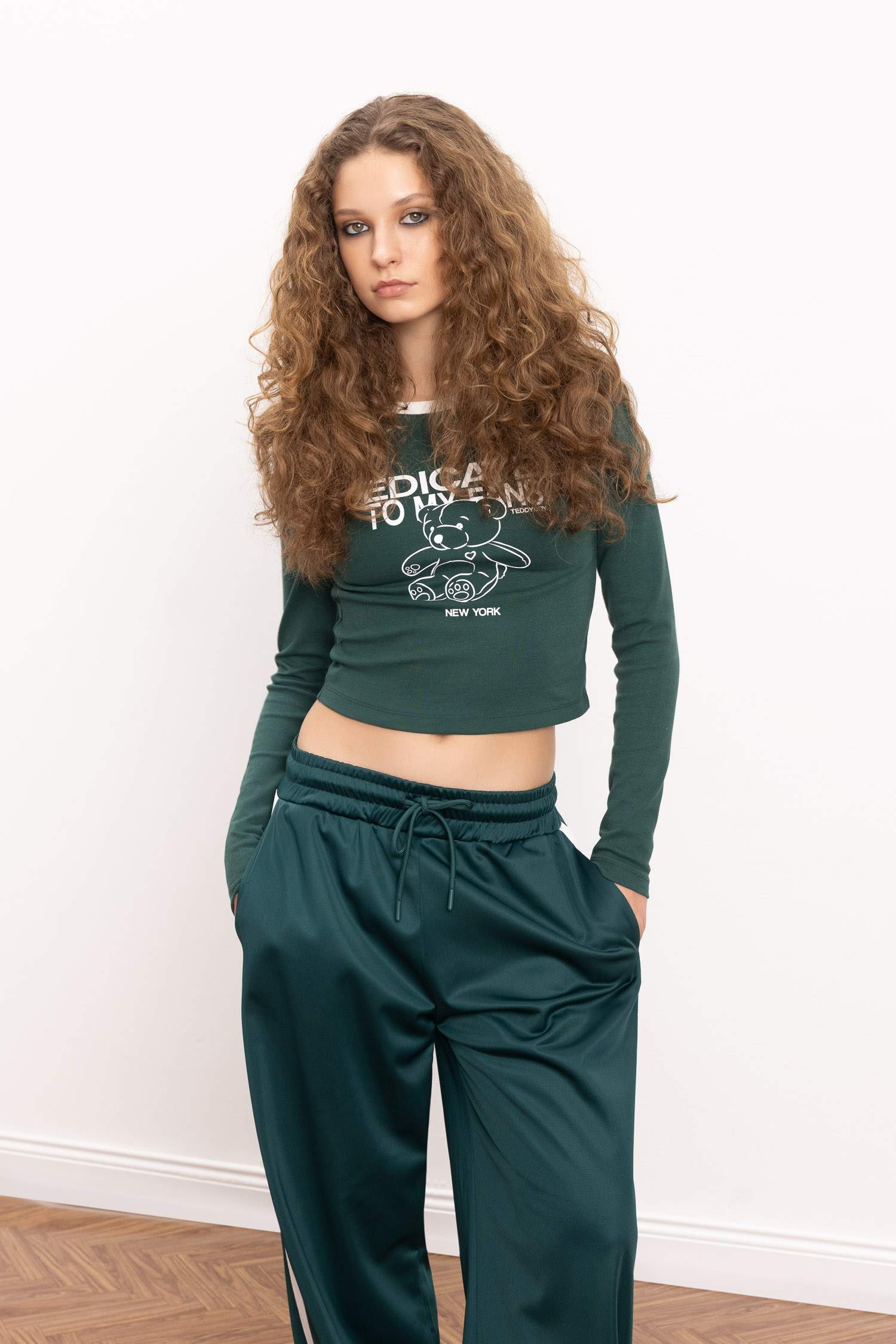 Fitted Baskılı Bisiklet Yaka Ribana Uzun Kollu Tişört